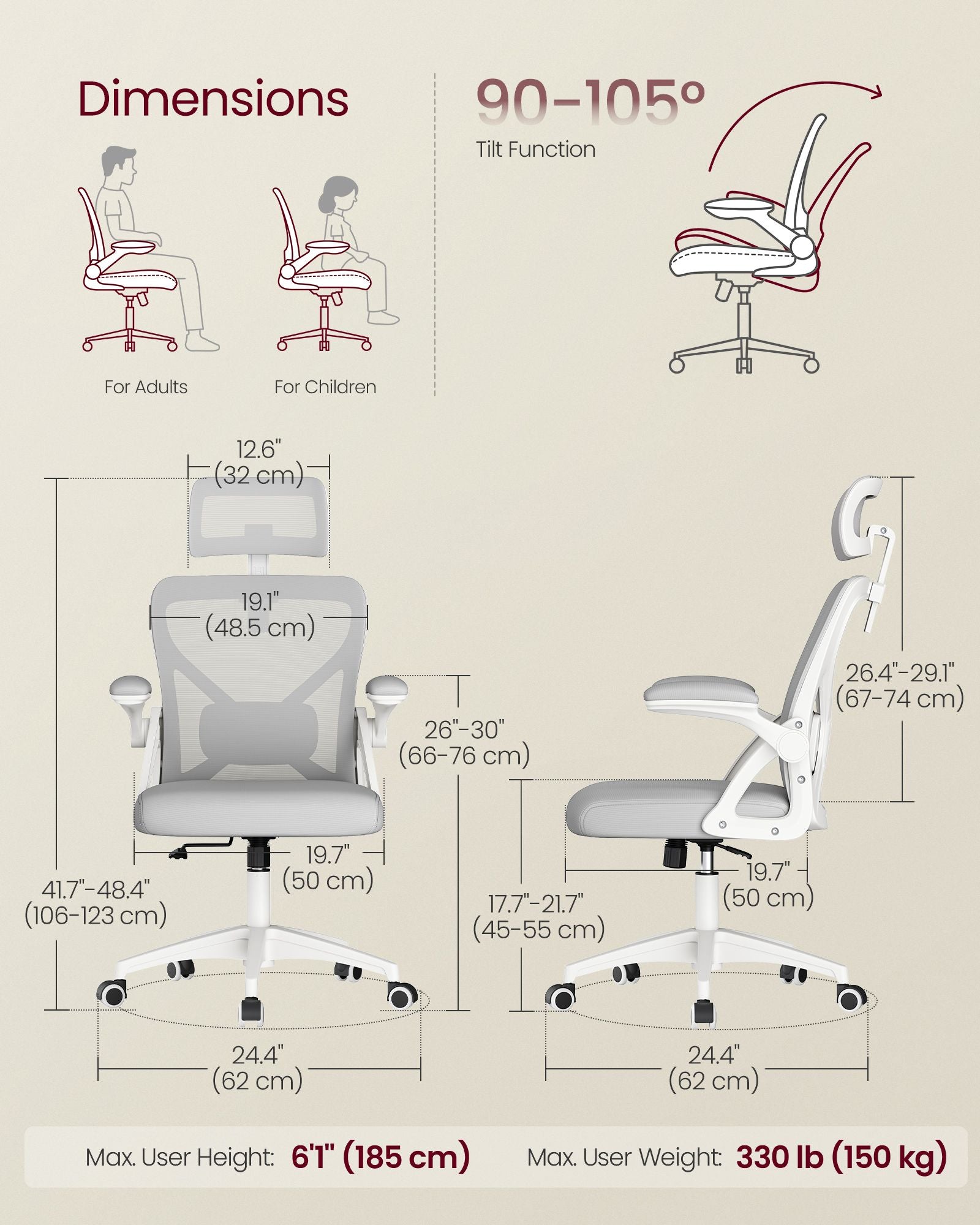 Ergonomic Mesh Office Chairs with Adjustable Lumbar Support and Headrest - 24.4"D x 24.4"W x (41.7"-48.4"H)