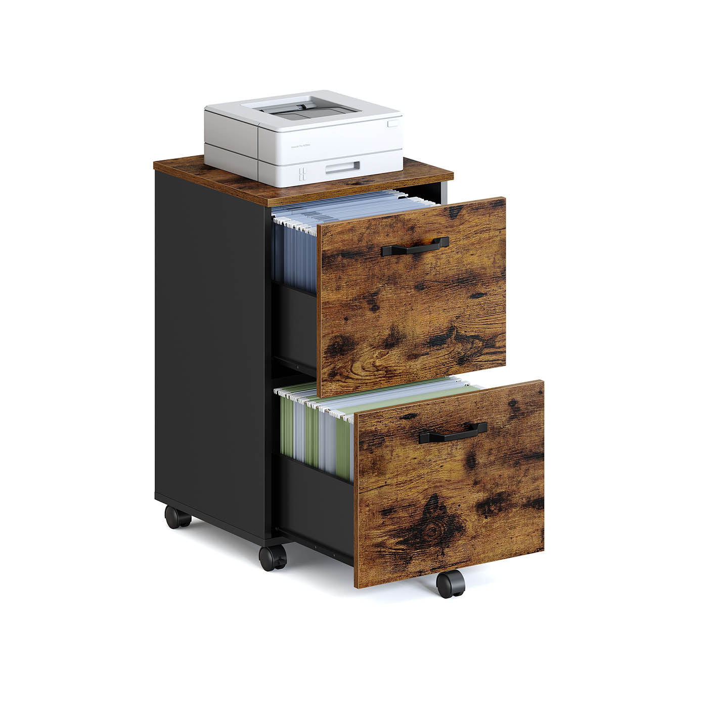 2-Drawer File Cabinet Small Rolling Filing Cabinet Rustic Brown and Ink Black - Rustic Brown, Black