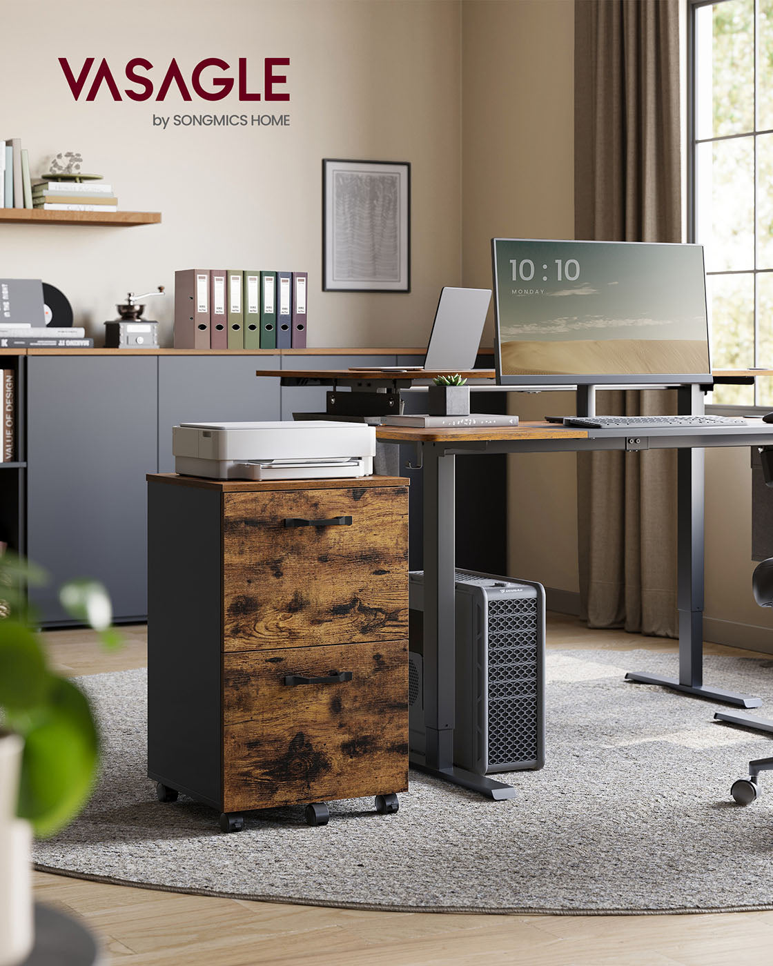 2-Drawer File Cabinet Small Rolling Filing Cabinet Rustic Brown and Ink Black - Rustic Brown, Black