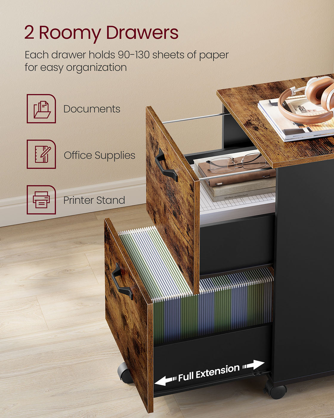 2-Drawer File Cabinet Small Rolling Filing Cabinet Rustic Brown and Ink Black - Rustic Brown, Black