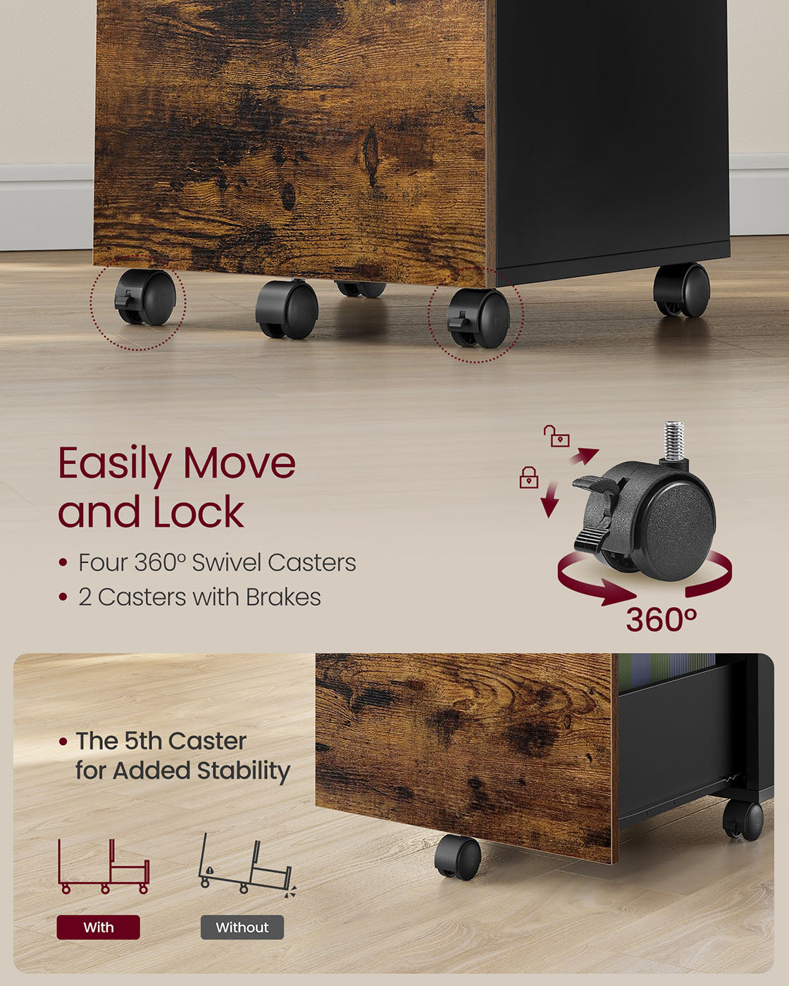 2-Drawer File Cabinet Small Rolling Filing Cabinet Rustic Brown and Ink Black - Rustic Brown, Black