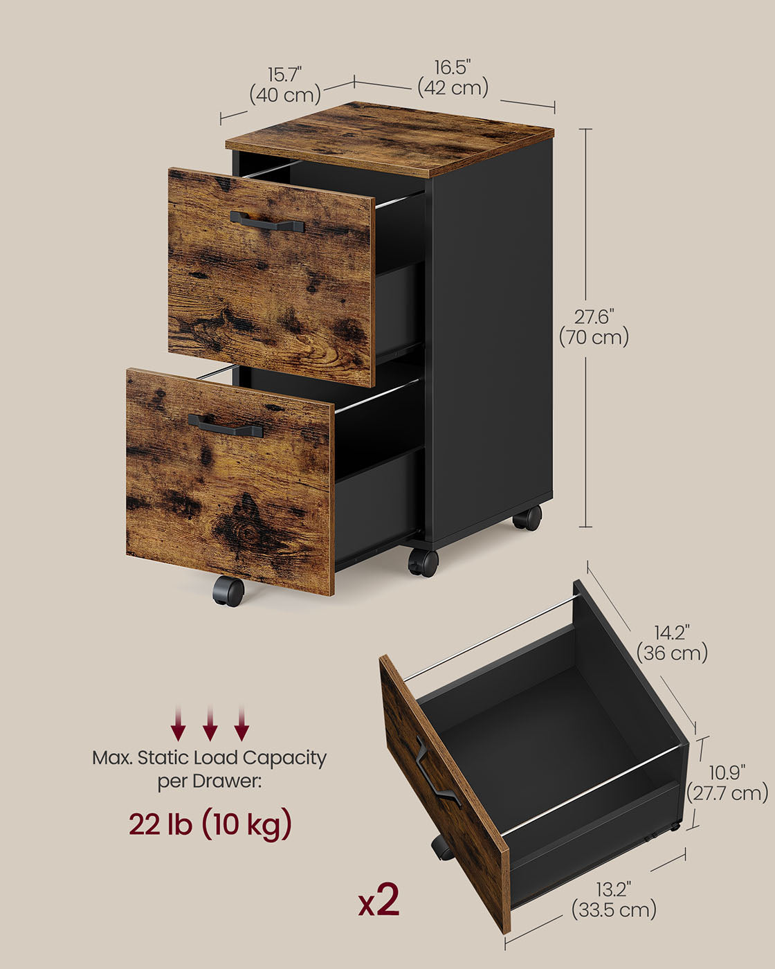 2-Drawer File Cabinet Small Rolling Filing Cabinet Rustic Brown and Ink Black - Rustic Brown, Black