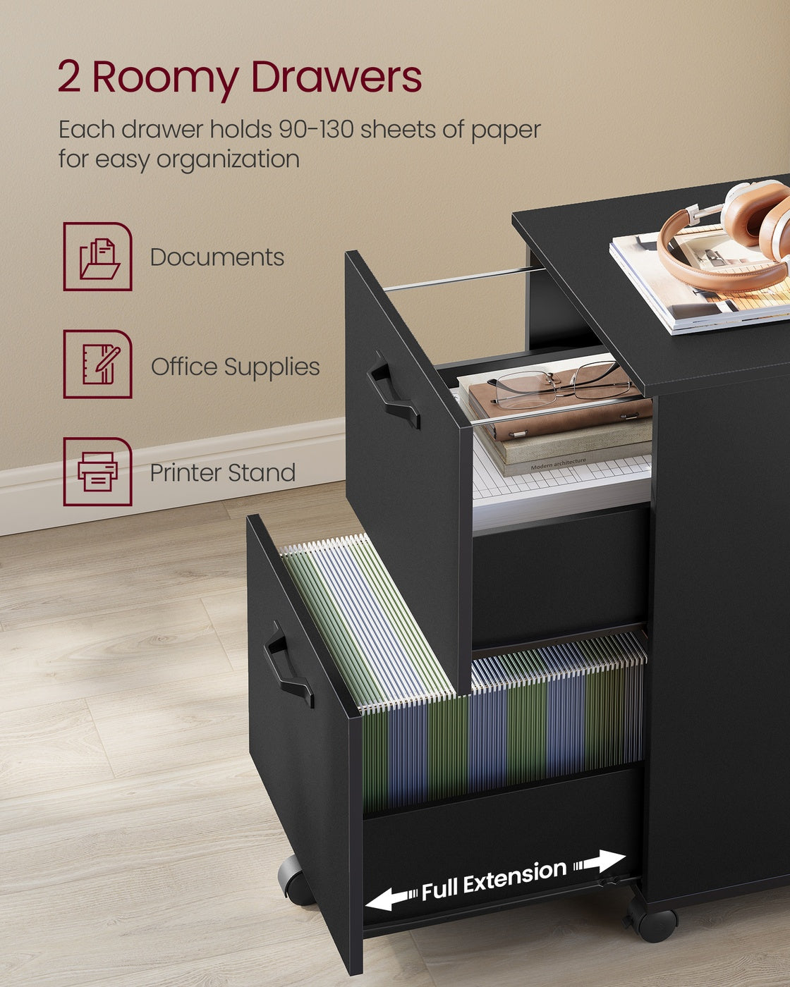 File Cabinet - 2-Drawer - Rolling - Industrial Style