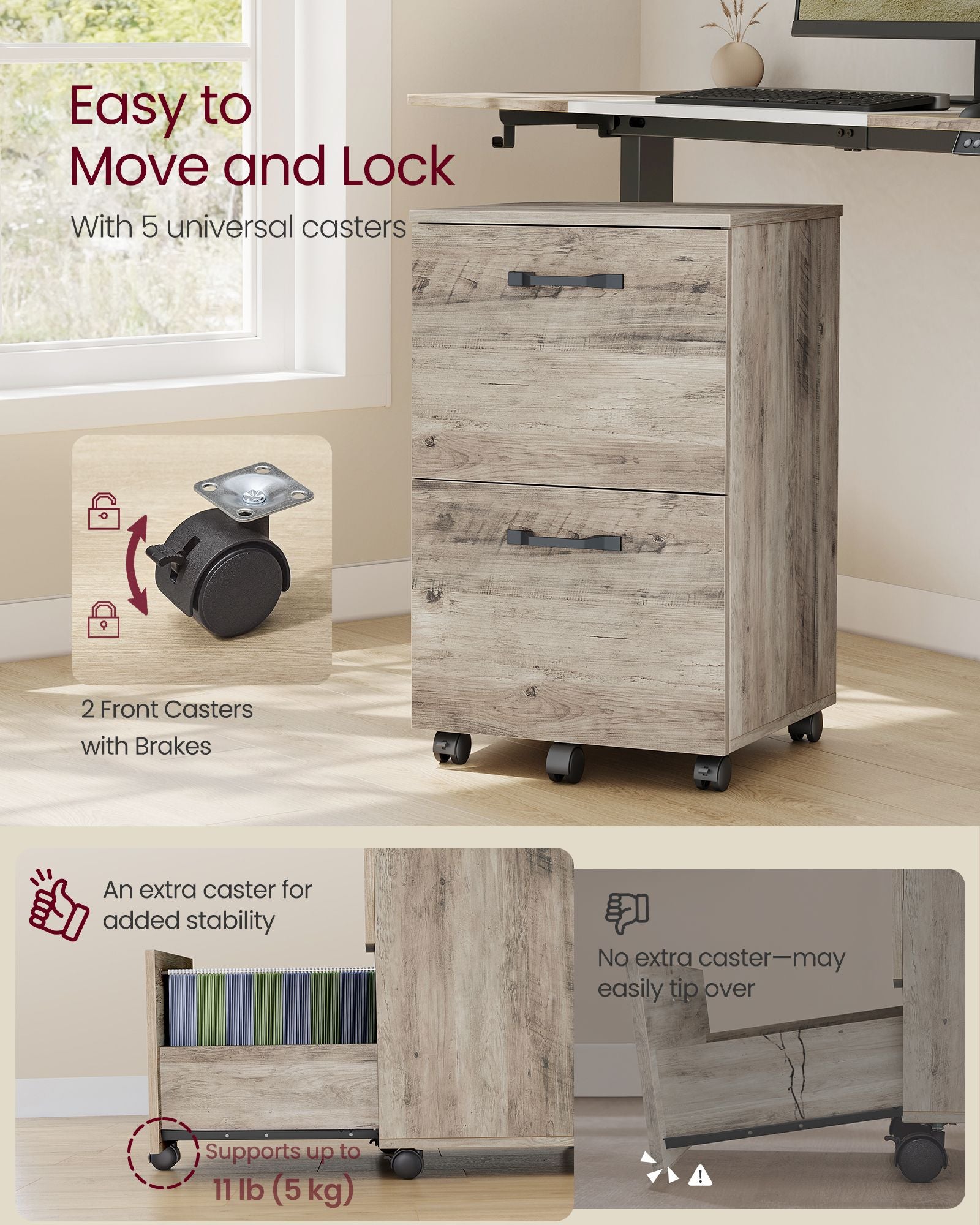 2-Drawer File Cabinet - Small Rolling Filing Cabinet for Home Office - Heather Greige