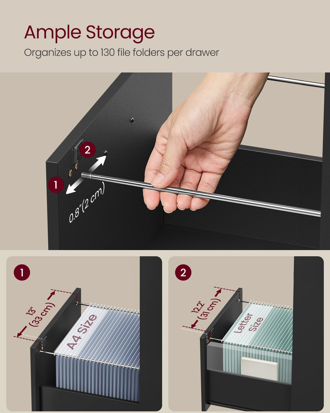 Vertical File Cabinet - 3-Drawer - Lockable - Adjustable Hanging Rail