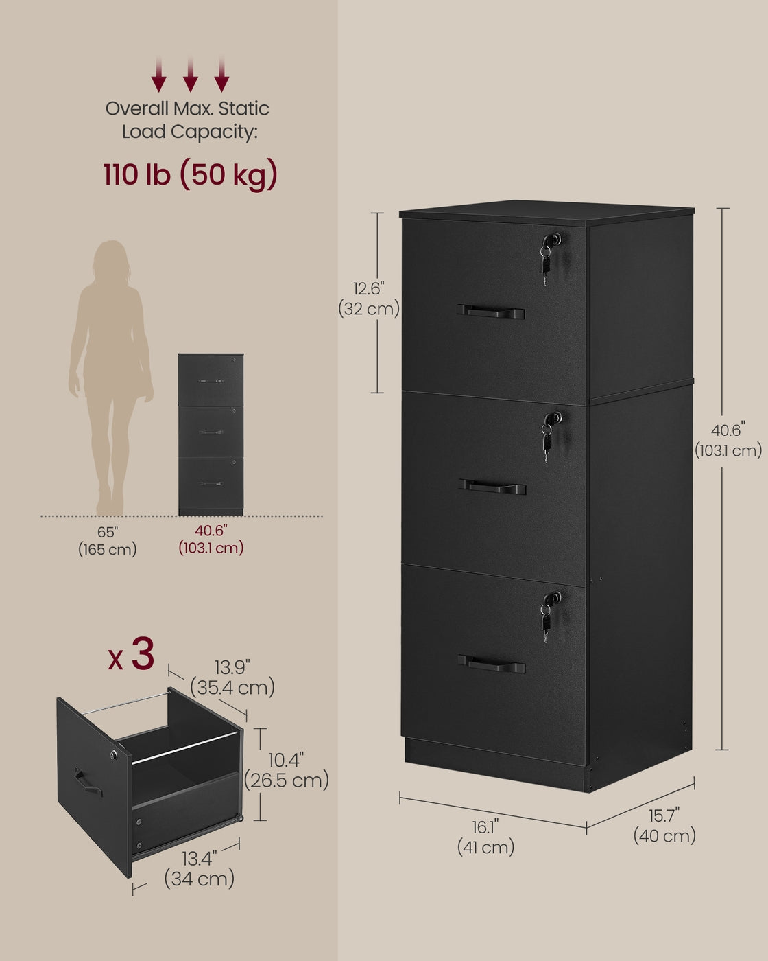 Vertical File Cabinet - 3-Drawer - Lockable - Adjustable Hanging Rail