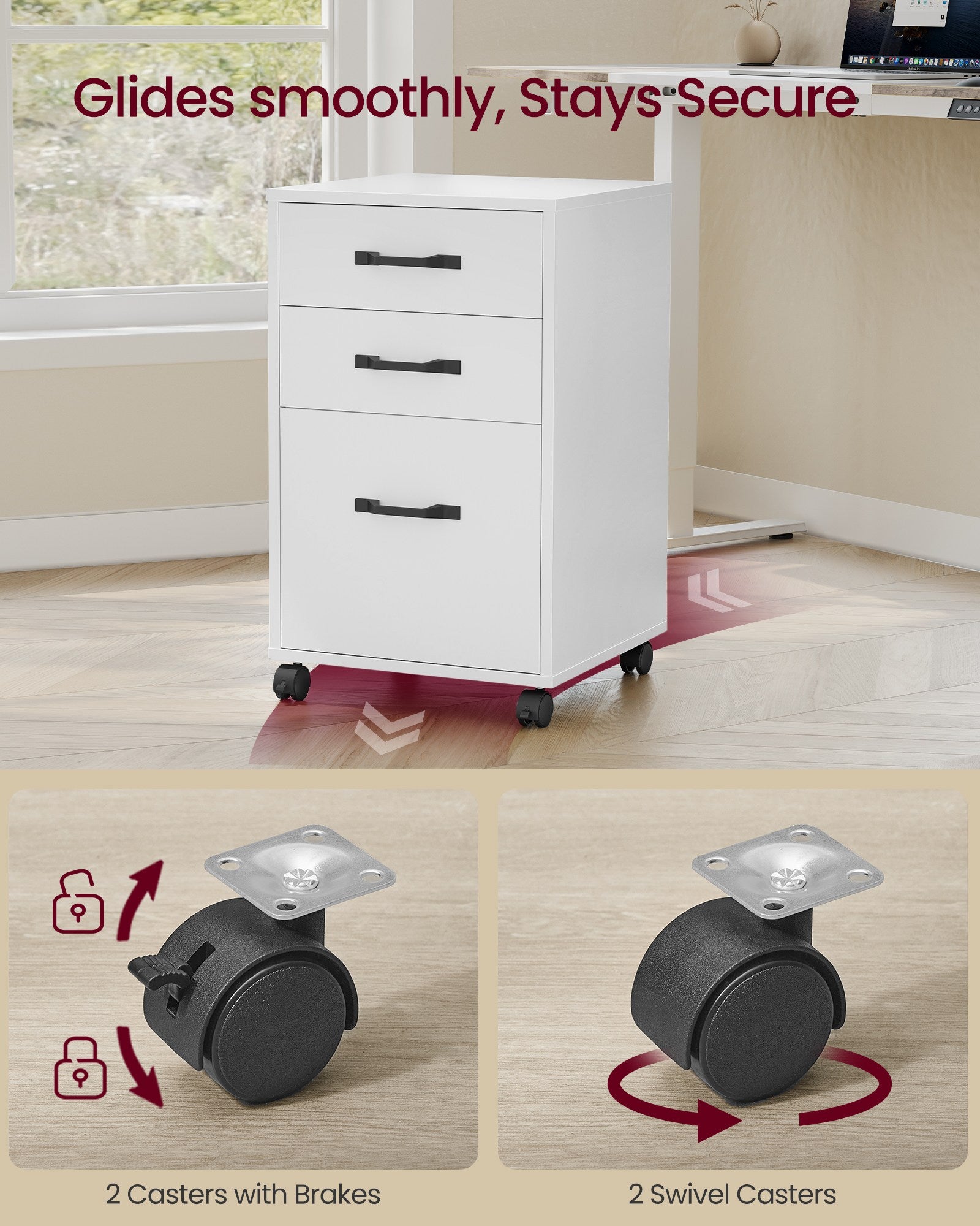 Mobile File Cabinet - 3 Drawers Filing Cabinet with Wheels - Cloud White