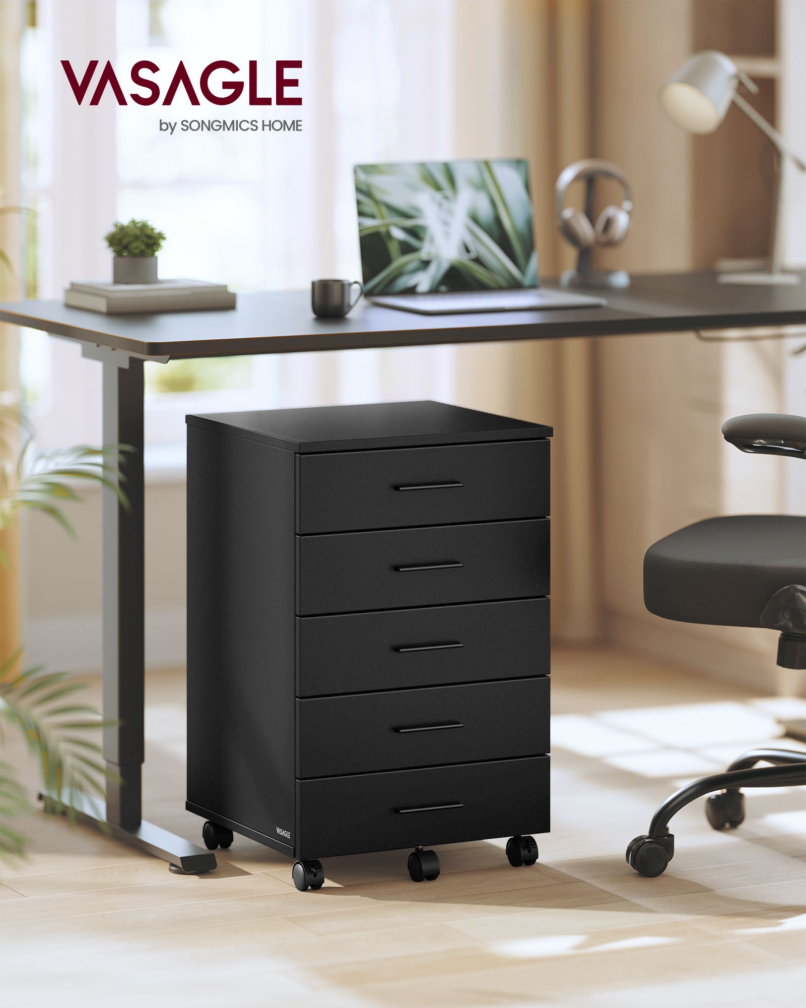 CUSTOS Collection - File Cabinet - Mobile Pedestal Filing Cabinet with Wheels - Ink Black - Black