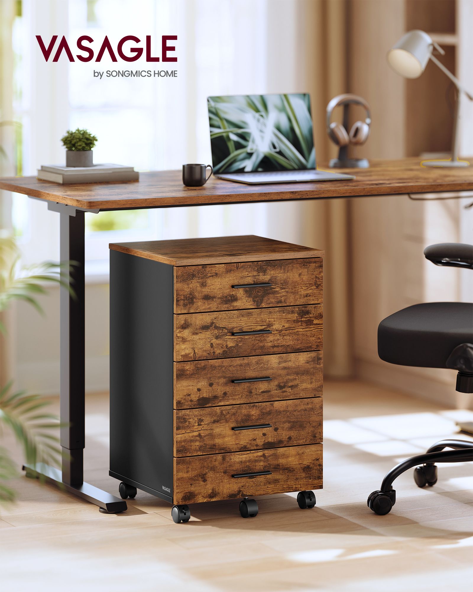 CUSTOS Collection - File Cabinet - Mobile Pedestal Filing Cabinet with Wheels - Ink Black - Rustic Brown