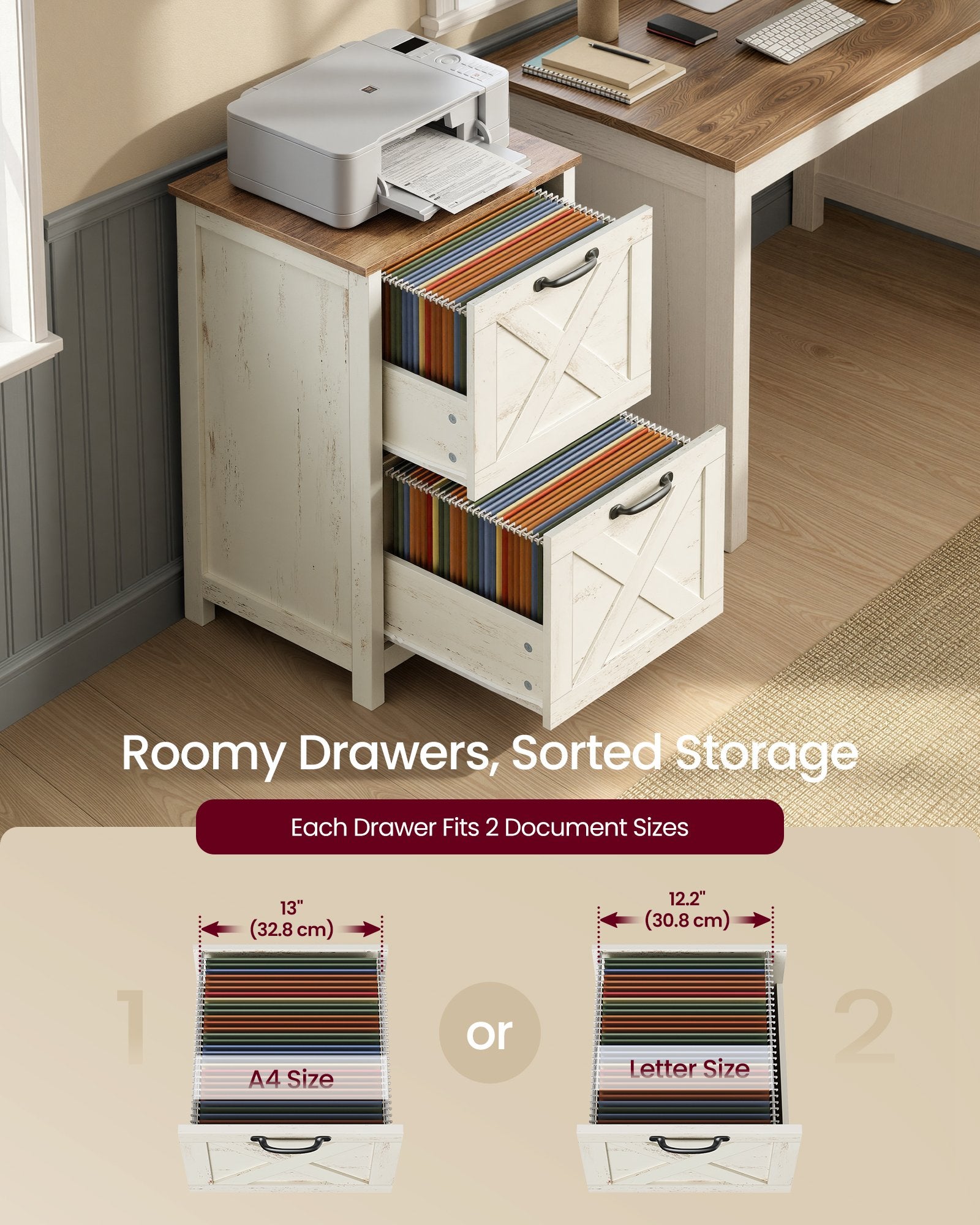 2-Drawer File Cabinet - Barn Door Style - A4/Letter - 17.7"x15.7"x29.5" - Cloud White/Warm Earth Brown