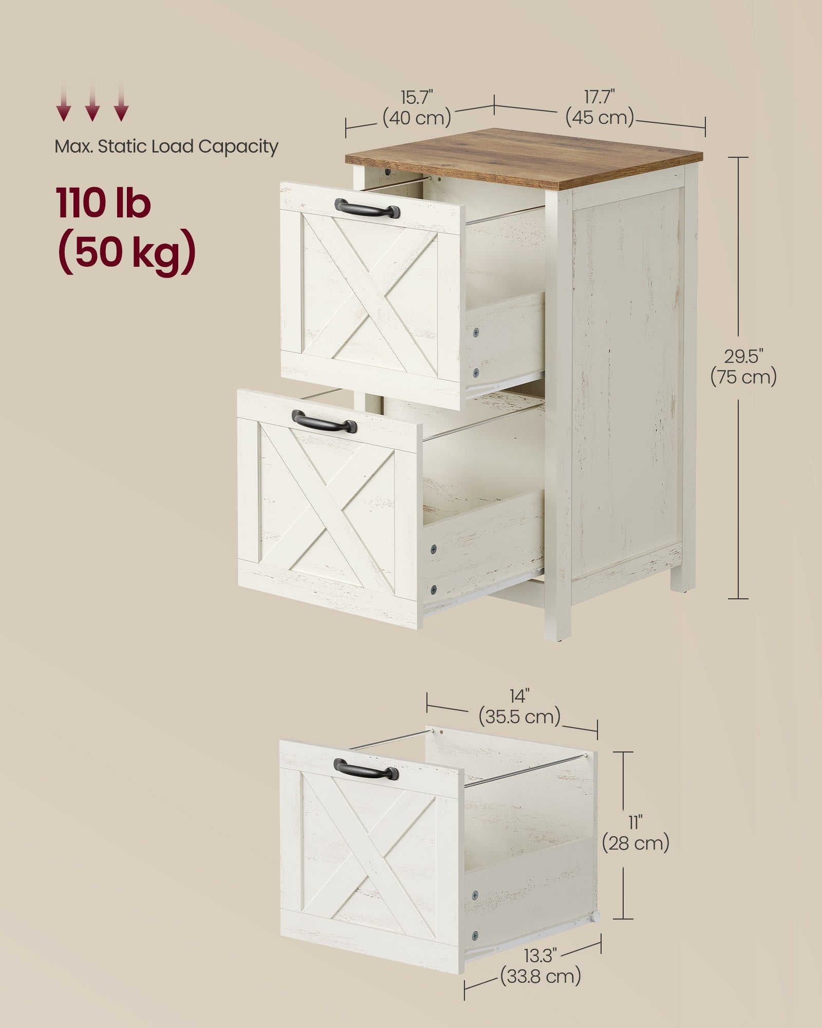2-Drawer File Cabinet - Barn Door Style - A4/Letter - 17.7"x15.7"x29.5" - Cloud White/Warm Earth Brown