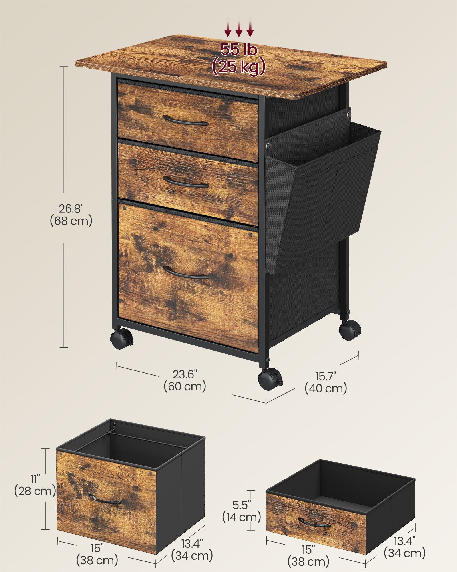 3-Drawer File Cabinet - Rustic Brown