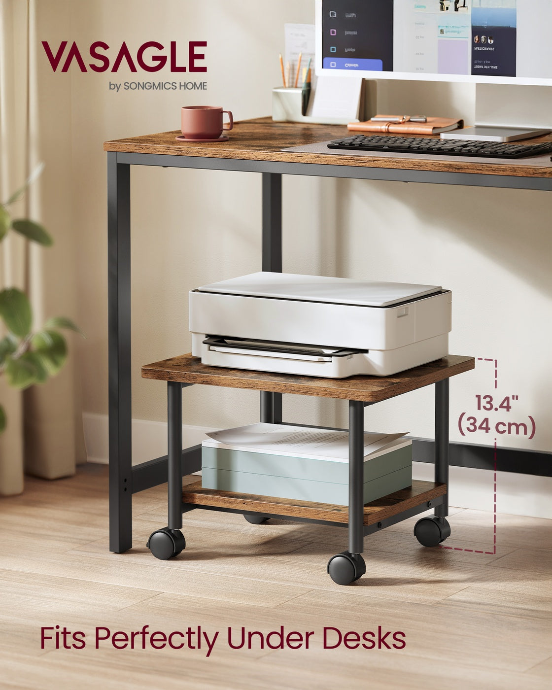 Under Desk Printer Stand - Rustic Brown, Black