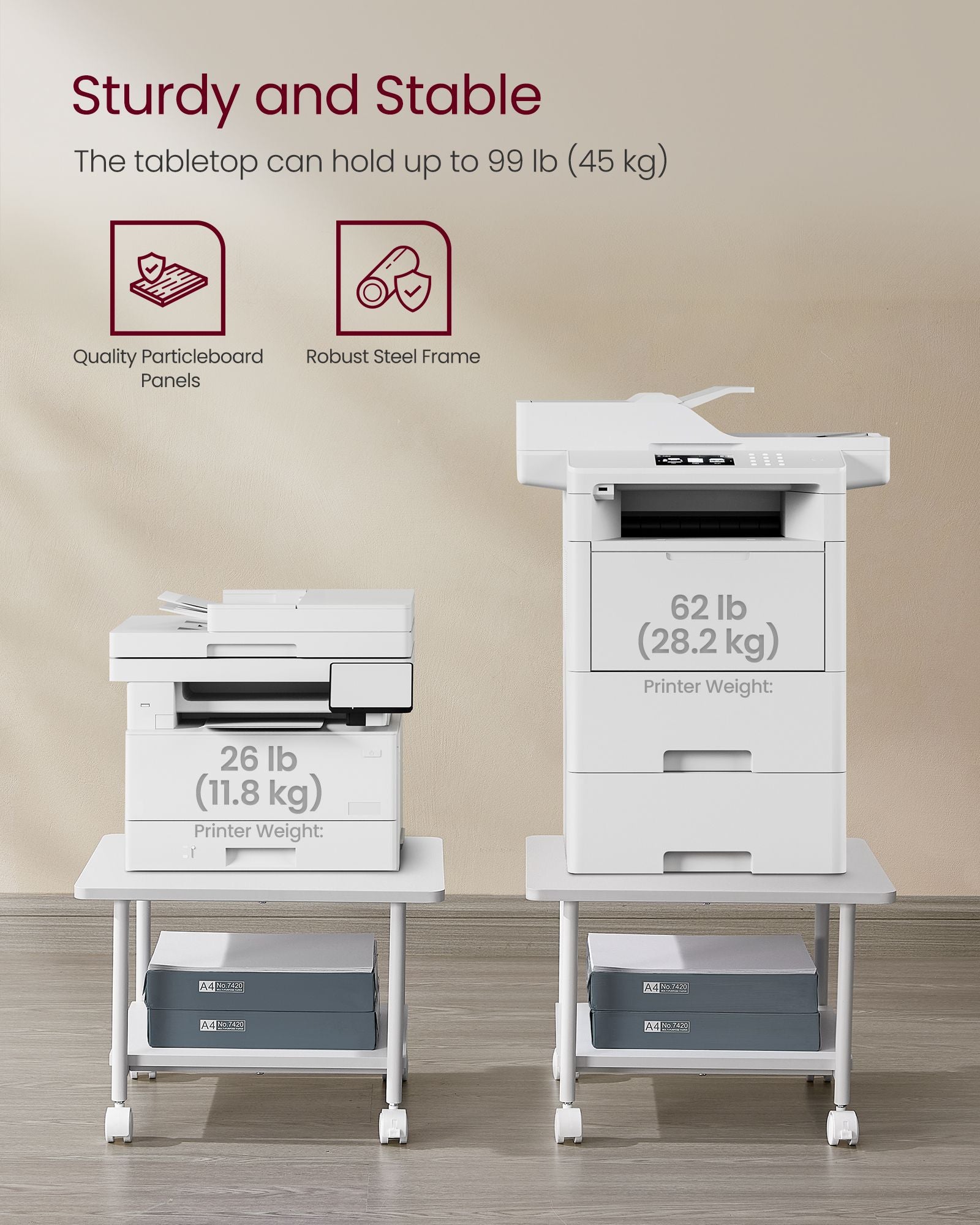 Printer Stand with Locking Wheels - 2-Tier Shelf - White