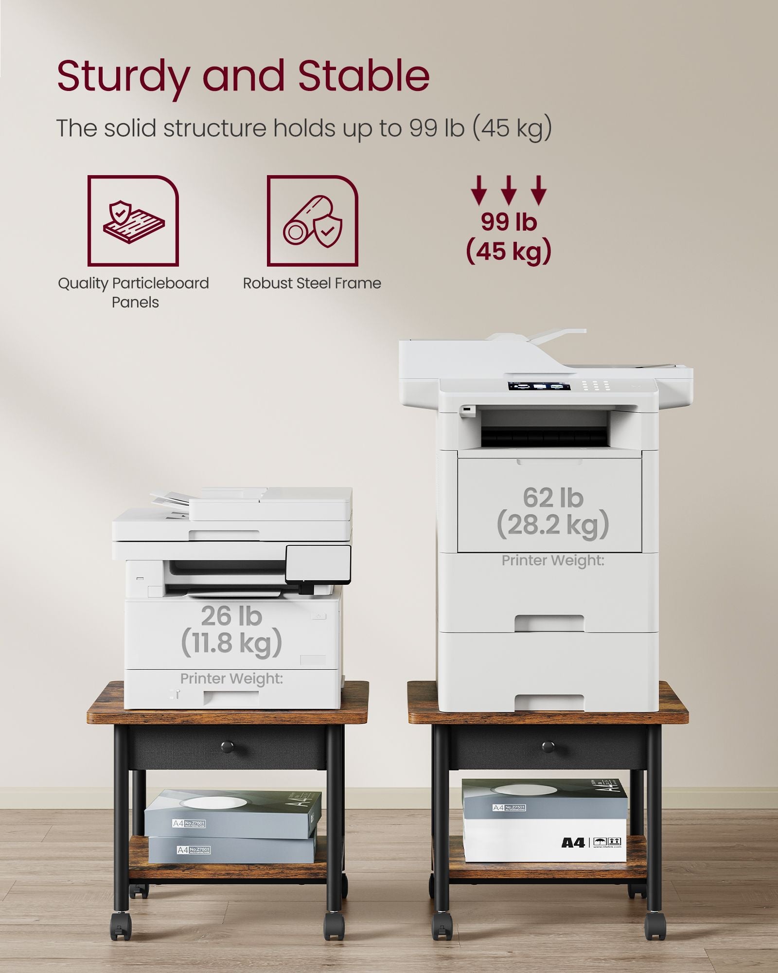 Mobile Printer Stand with Drawer for Home or Office