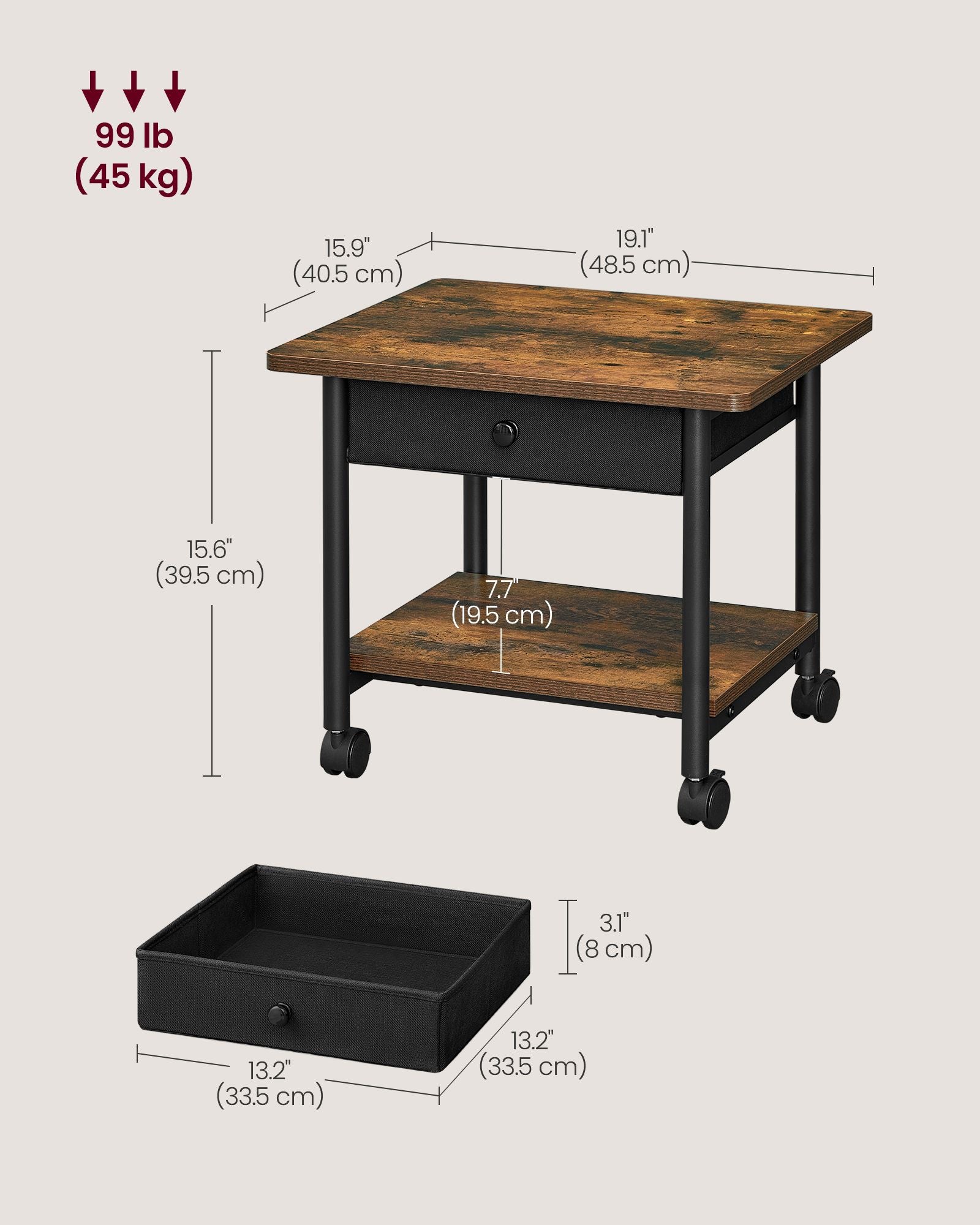 Mobile Printer Stand with Drawer for Home or Office
