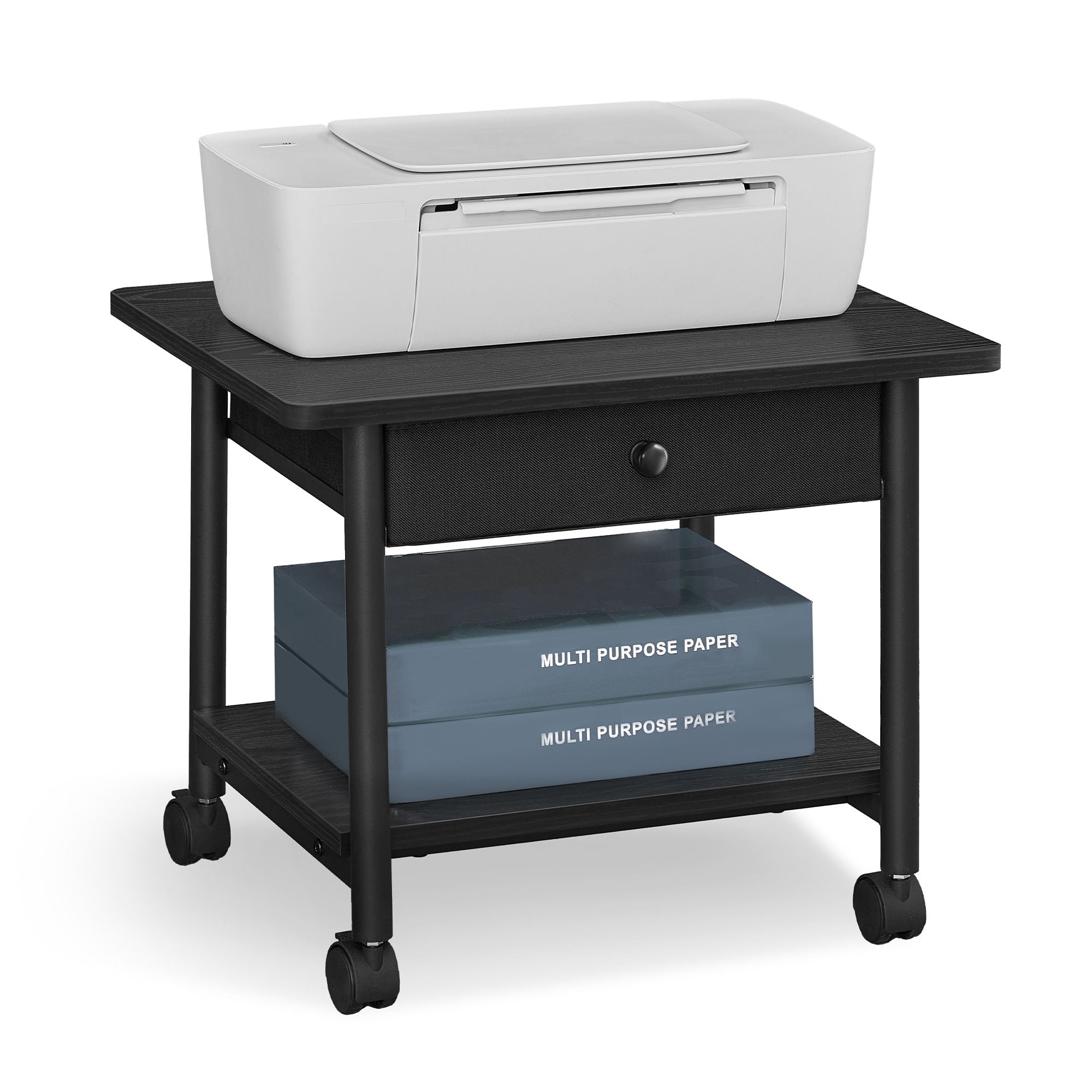 Printer Stand with Locking Wheels - 2-Tier Shelf - Ebony Black and Black
