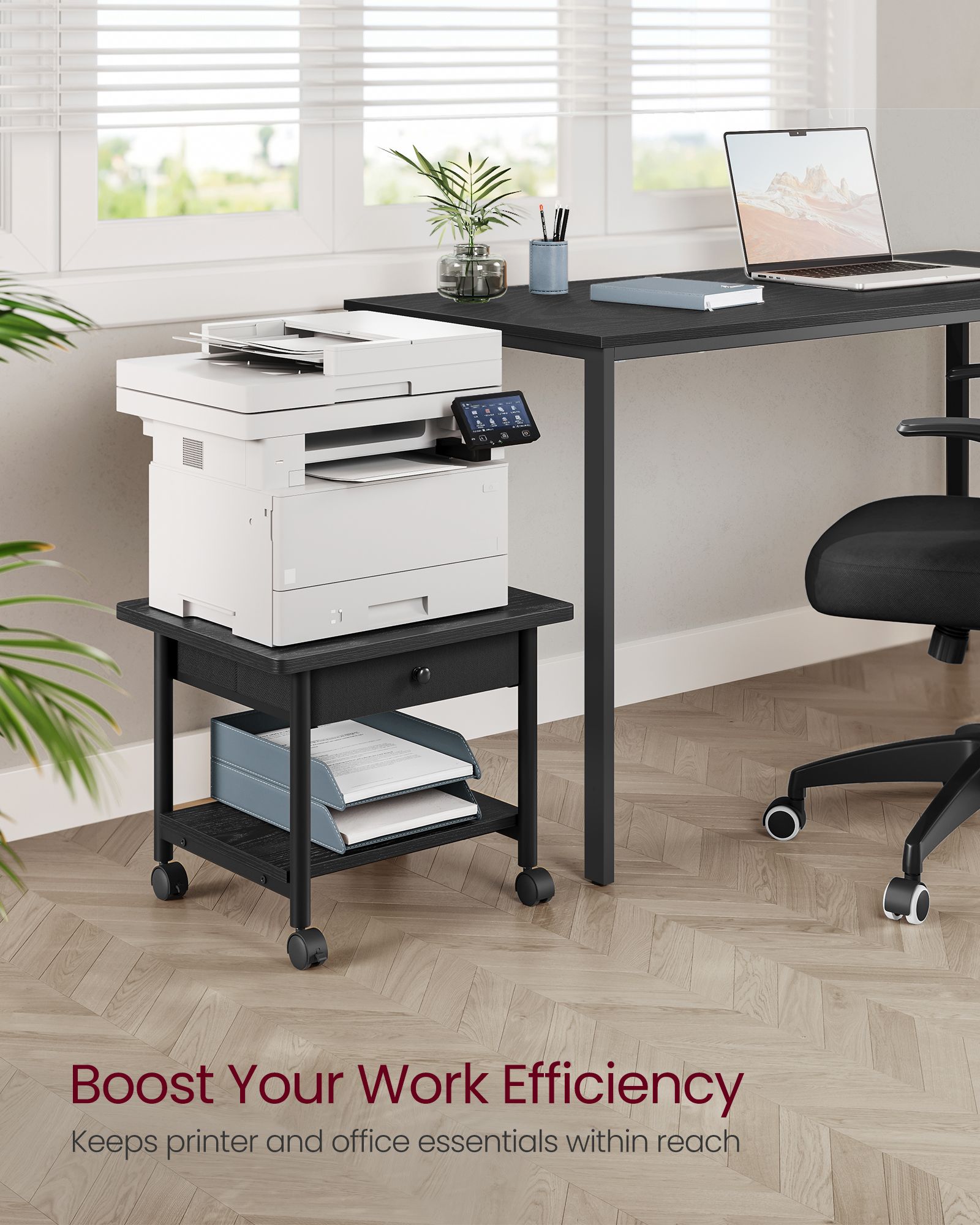 Printer Stand with Locking Wheels - 2-Tier Shelf - Ebony Black and Black