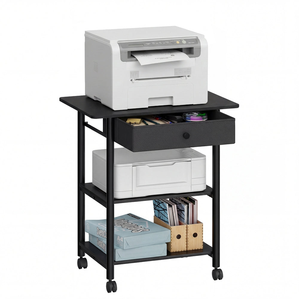 3-Tier Rolling Printer Stand - Mobile Office Cart - Locking Wheels - Ebony Black