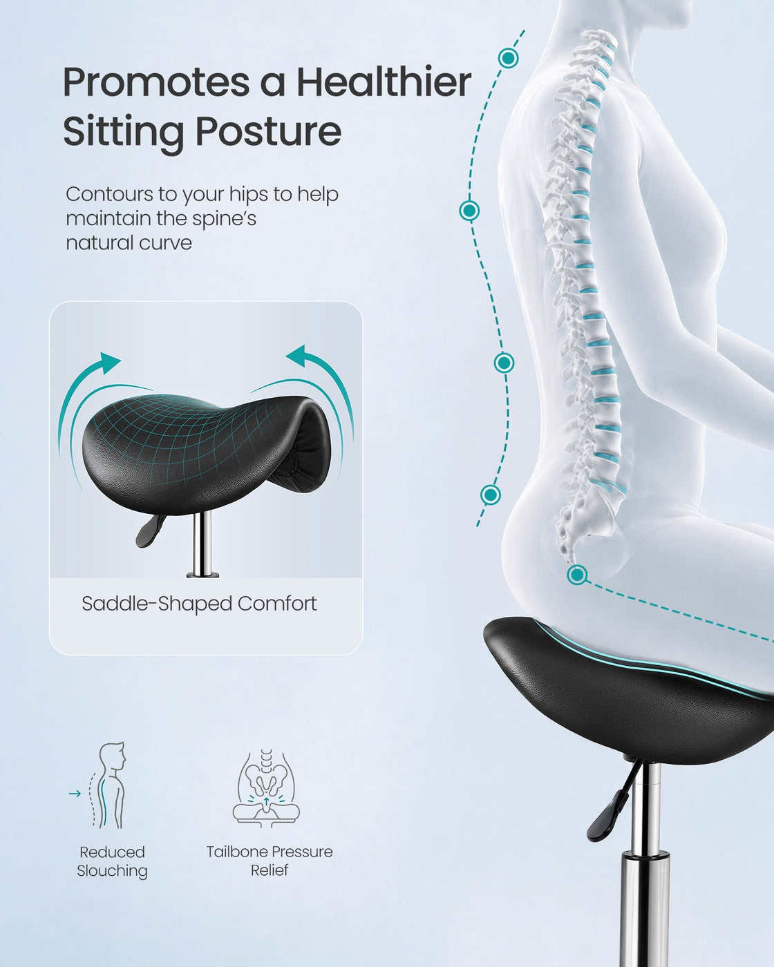 Ergonomic Saddle Stool with Wheels - Height Adjustable Salon Stool
