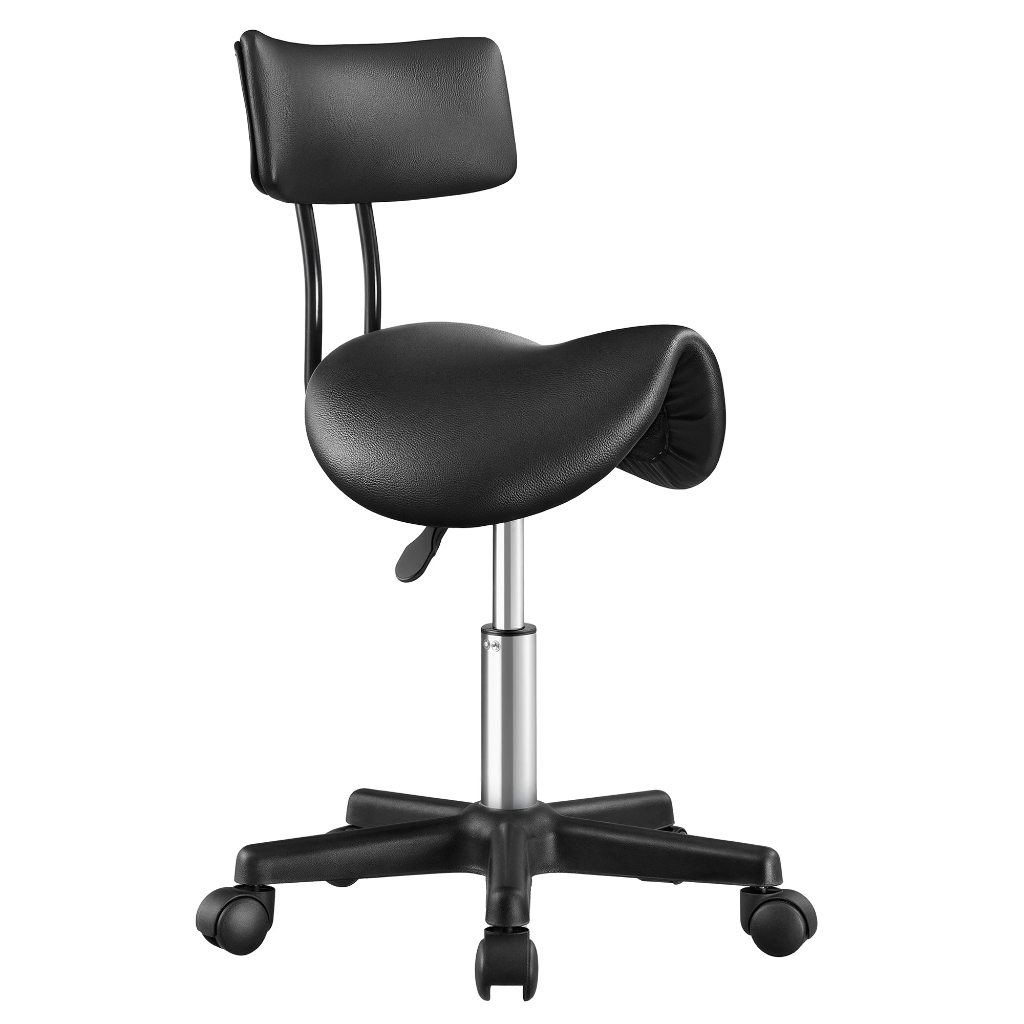 Ergonomic Saddle Stool with Wheels - Height Adjustable Salon Stool - Black with Backrest