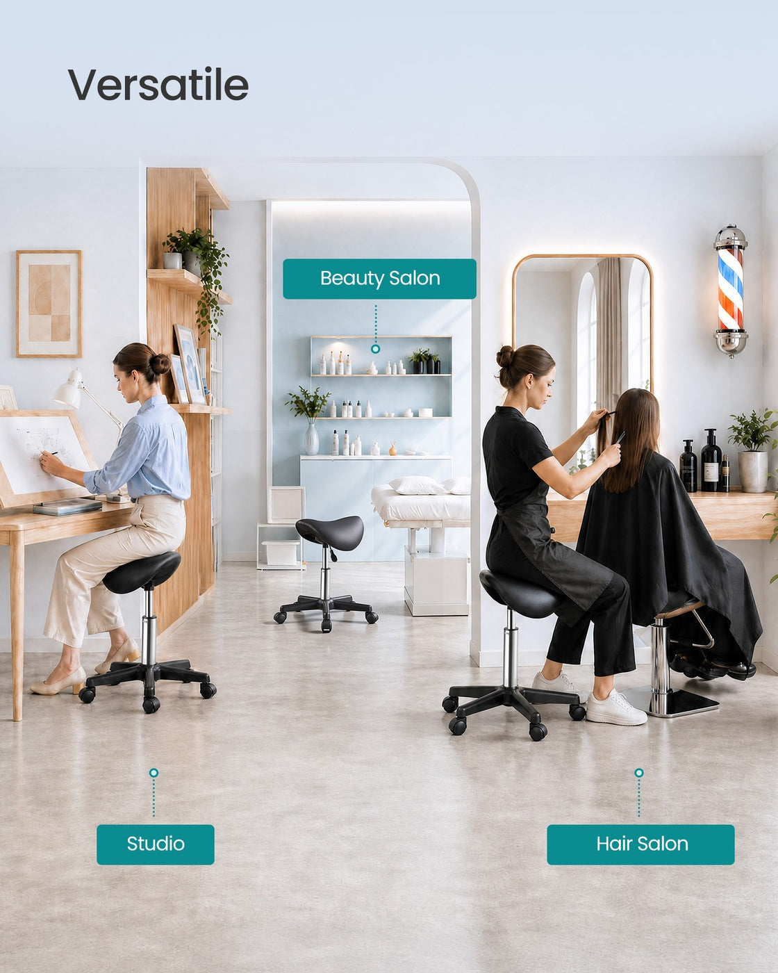 Ergonomic Saddle Stool with Wheels - Height Adjustable Salon Stool