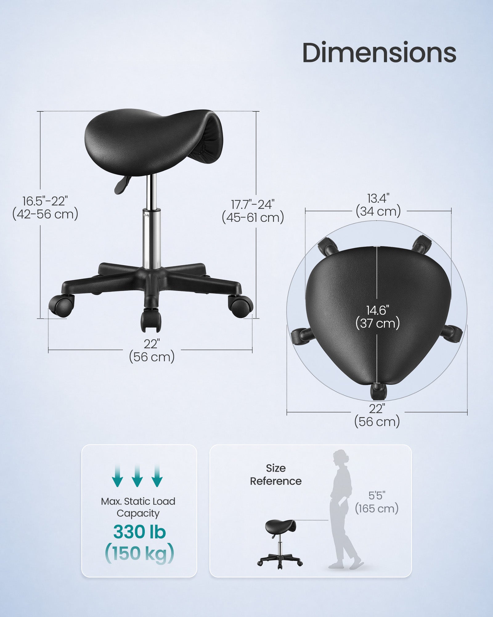 Ergonomic Saddle Stool with Wheels - Height Adjustable Salon Stool - Black