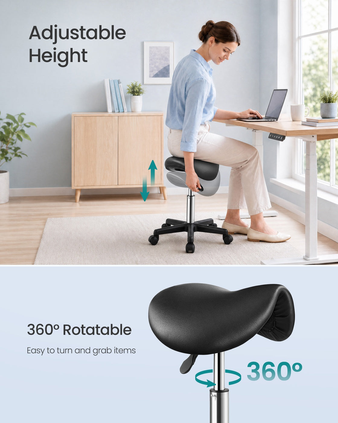 Ergonomic Saddle Stool with Wheels - Height Adjustable Salon Stool