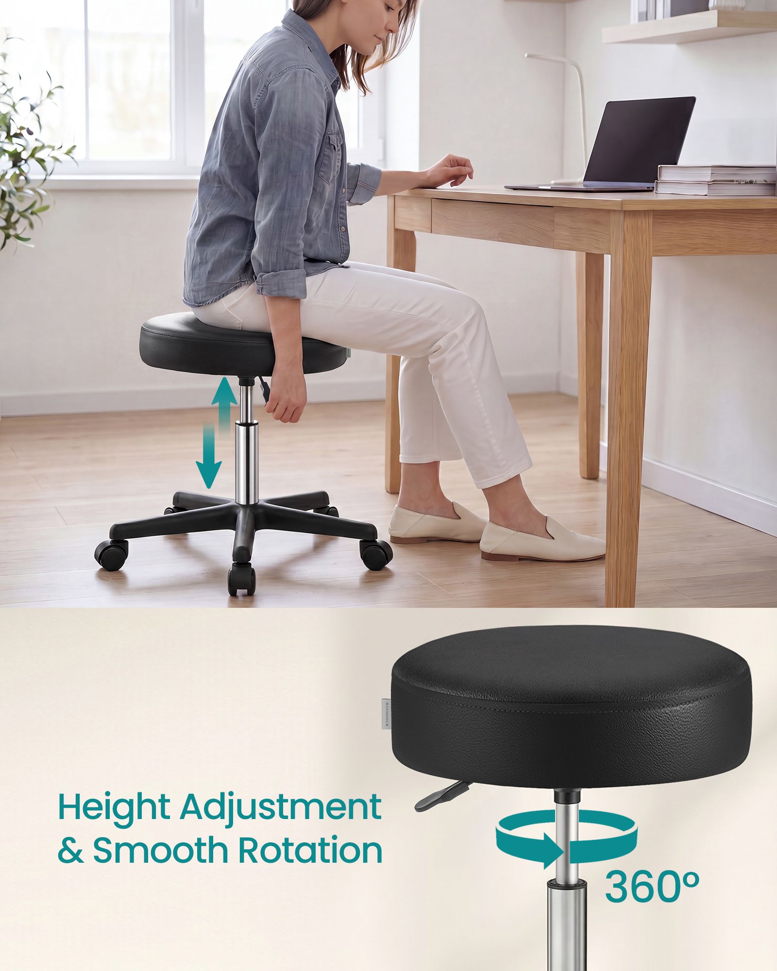 Rolling Stool - Adjustable Swivel Stools Chair - PU Leather - Black