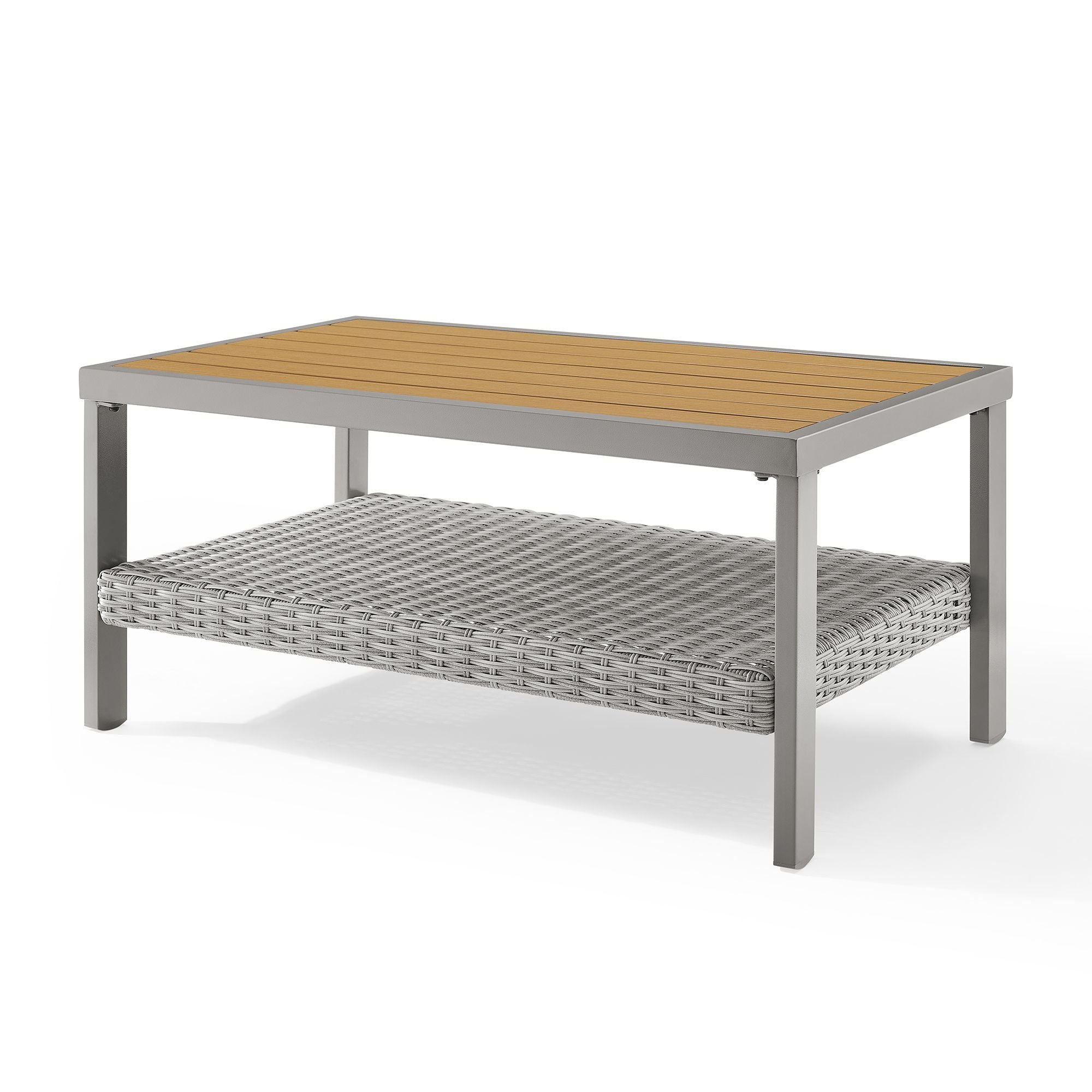 Outdoor Coffee Table, Faux Wood, 2-Tier Rattan, Storage Shelf