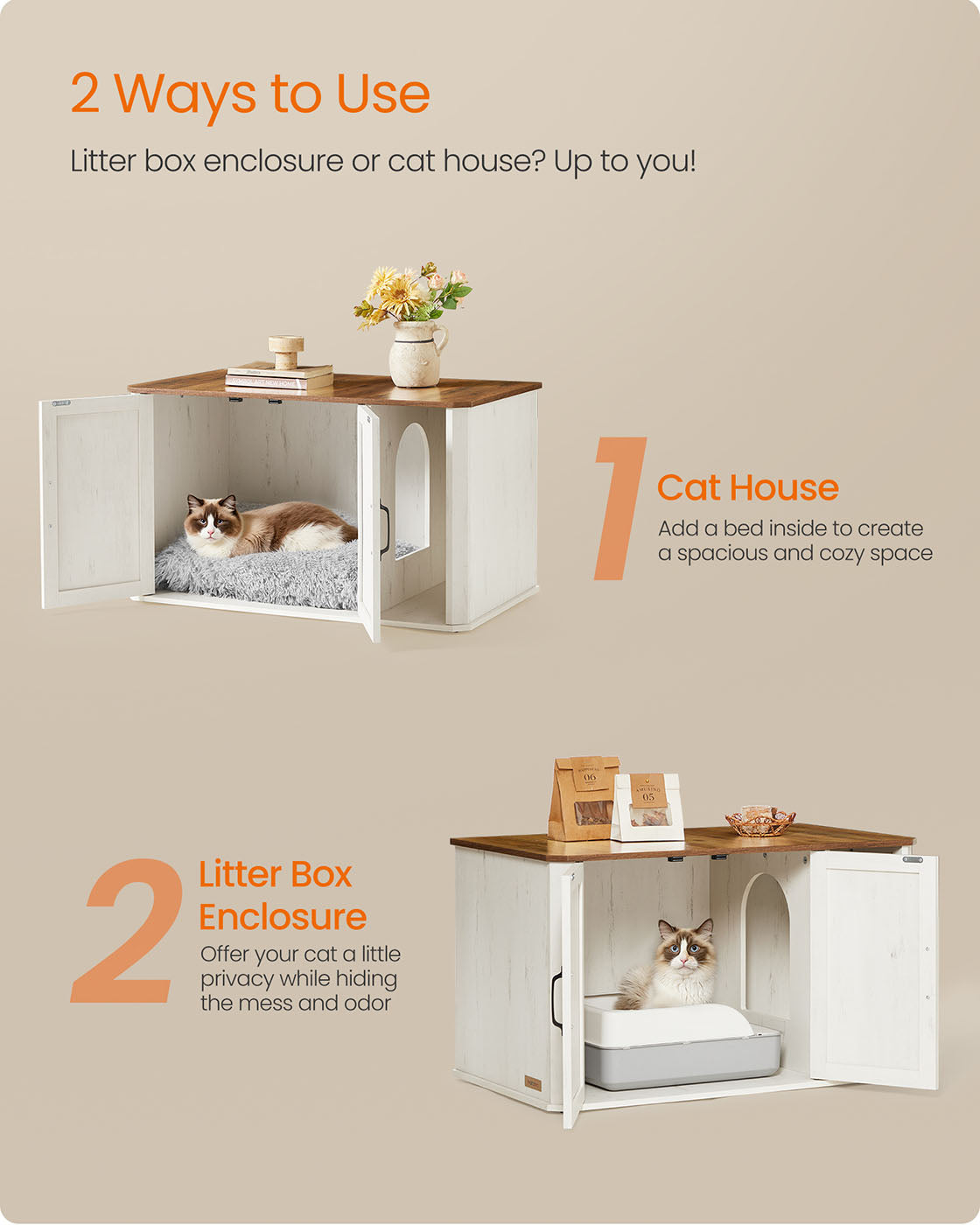 Litter Box Enclosure Modern Cat Litter Box Furniture Hidden - Honey Brown, Rustic White