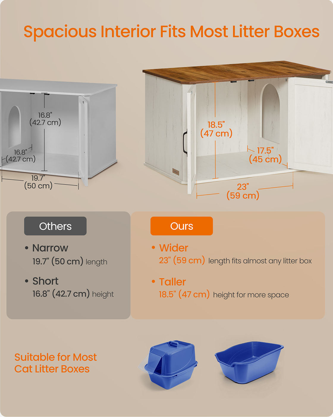 Litter Box Enclosure Modern Cat Litter Box Furniture Hidden - Honey Brown, Rustic White