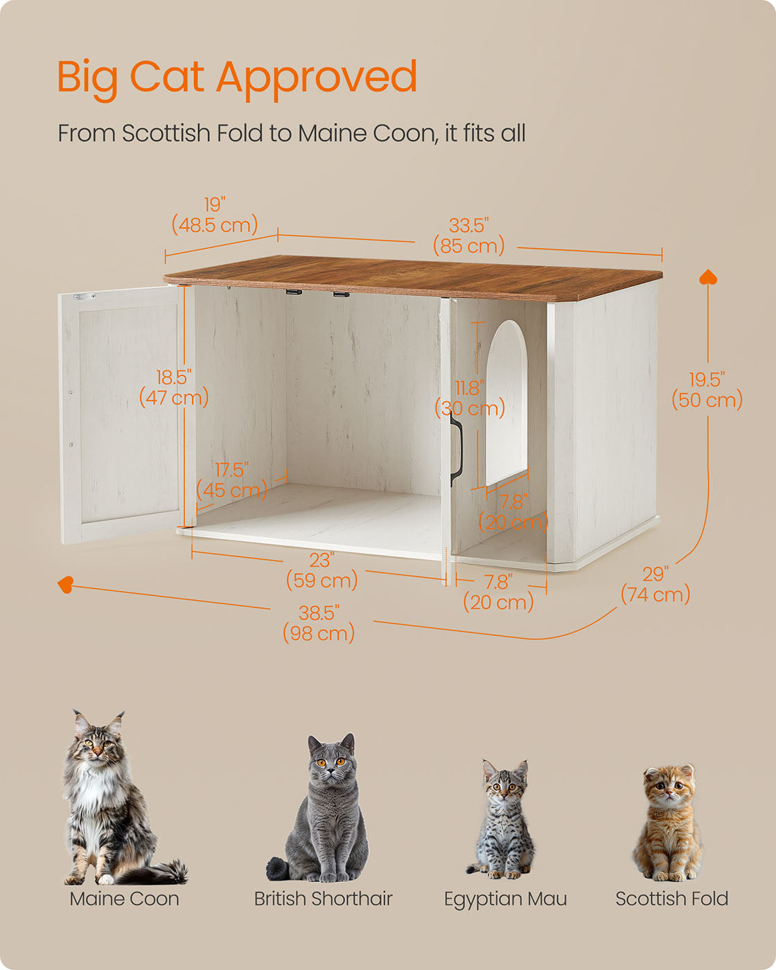 Litter Box Enclosure Modern Cat Litter Box Furniture Hidden - Honey Brown, Rustic White