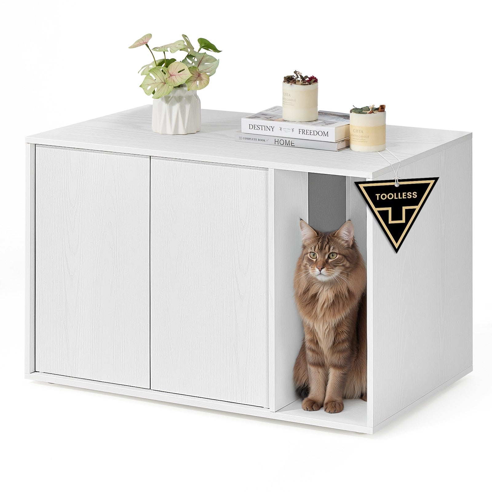 HOME Cat Litter Box Enclosure - Snapsemble Superfast Assembly - Litter Box Furniture for Large Cats - Display Side Table - Push-to-Open Doors - Ebony Black and Somber Walnut UPCL013BE01S - White