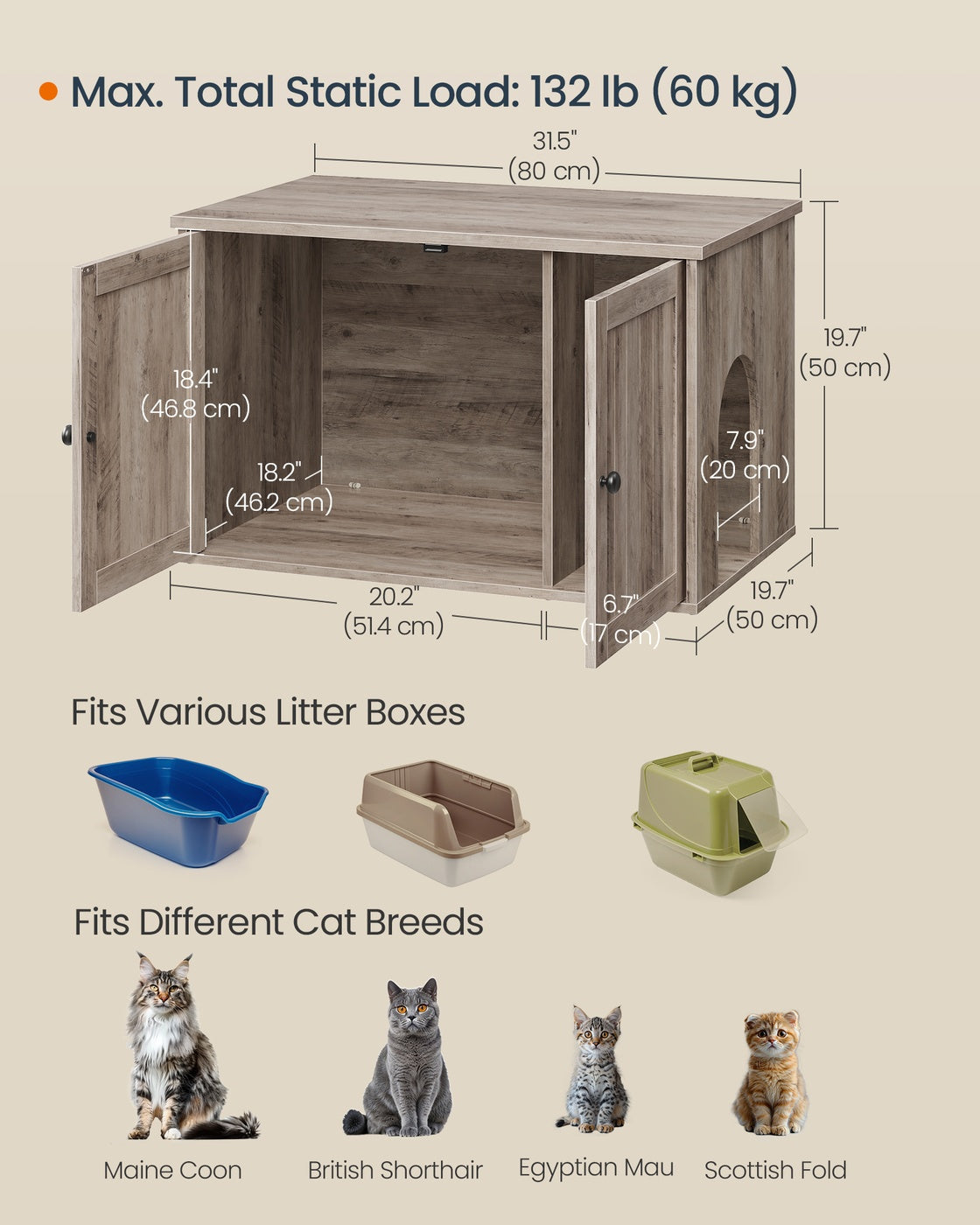 Cat Litter Box Enclosure - Push-Open Doors - Looks Like A Side Table