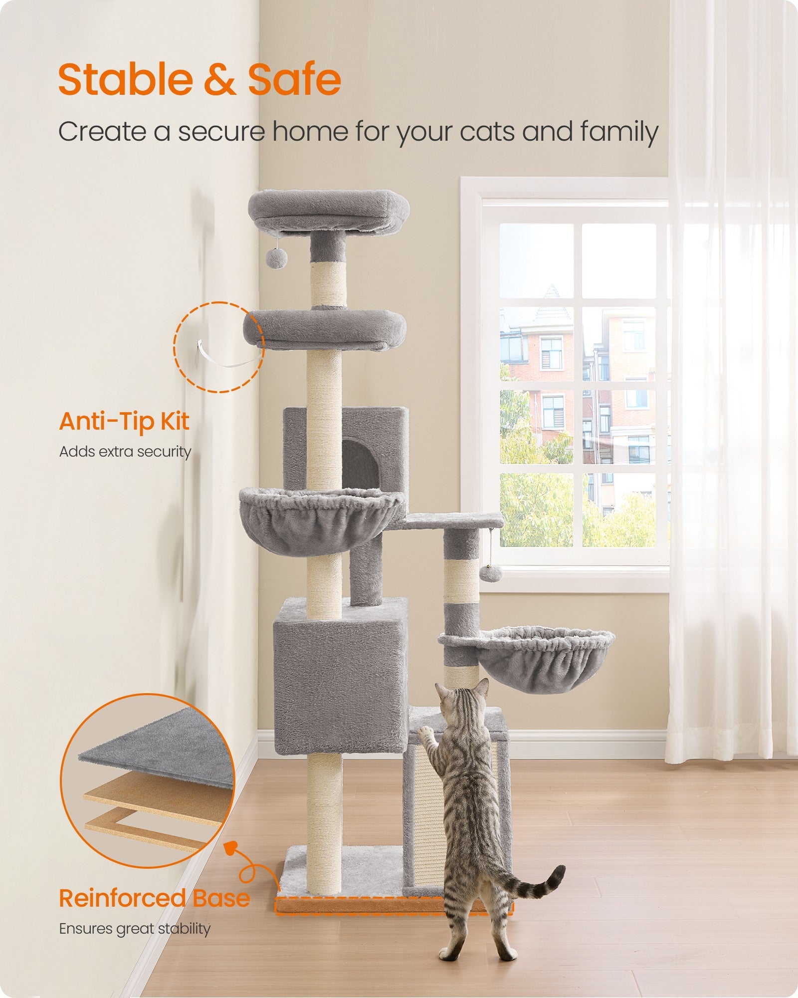 Large Cat Tree Tower - 68.5-Inch Tall Cat Condo with Large Perch