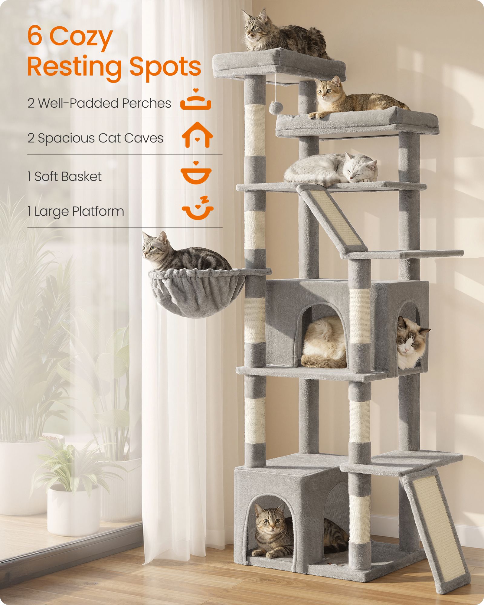 72.6-Inch Tall Cat Tree Tower for Indoor Extra Large Cats - Dove Gray