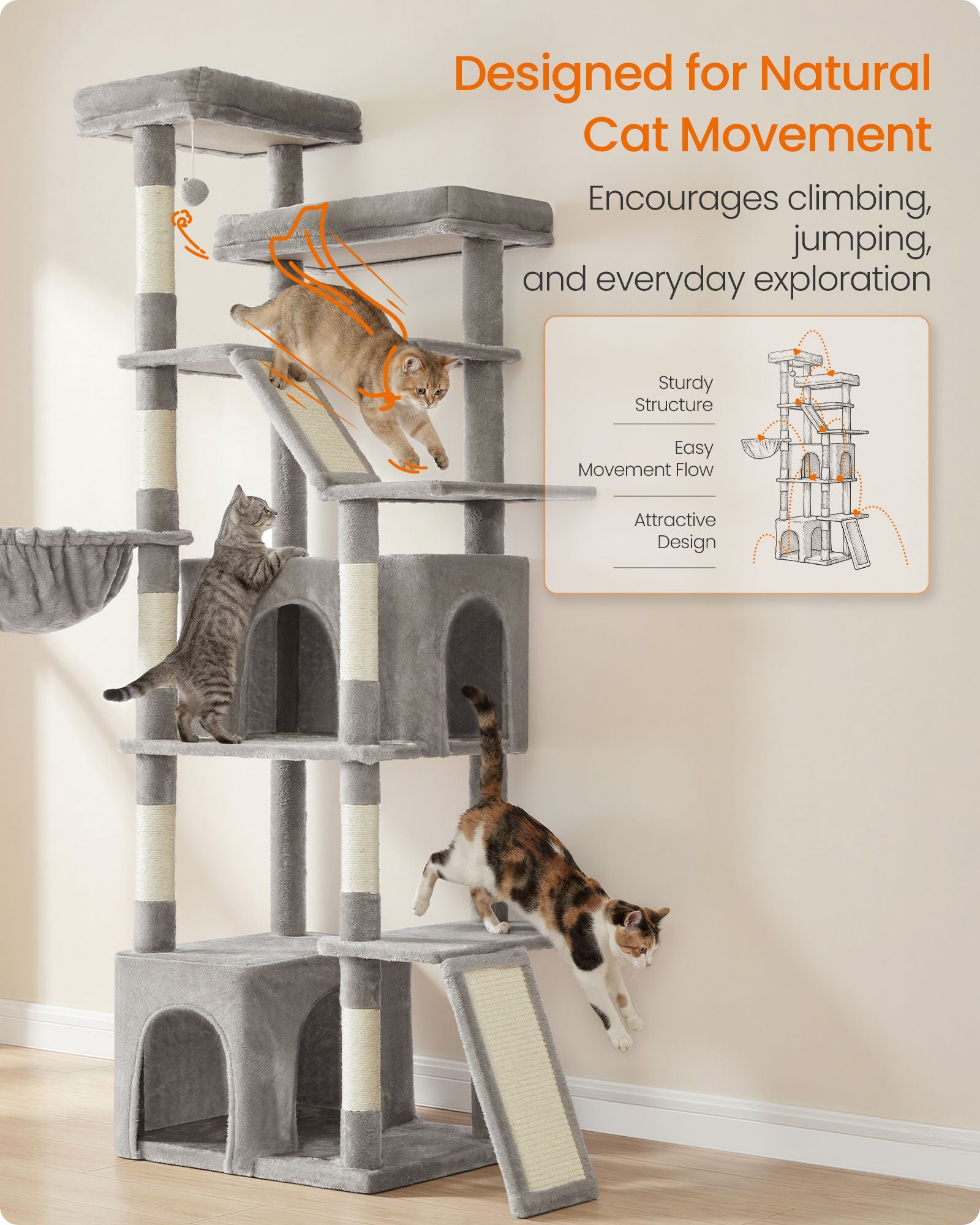 72.6-Inch Tall Cat Tree Tower for Indoor Extra Large Cats - Dove Gray
