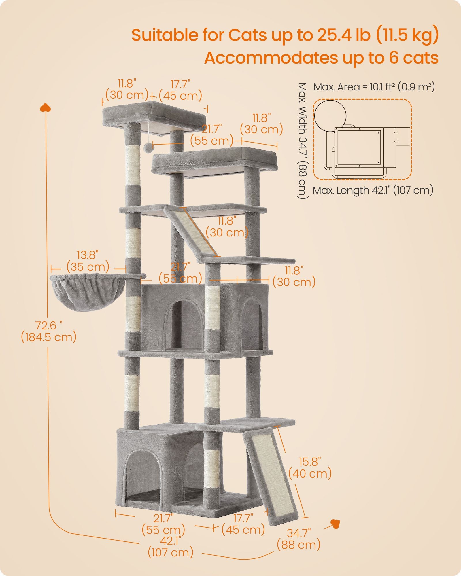 72.6-Inch Tall Cat Tree Tower for Indoor Extra Large Cats - Dove Gray