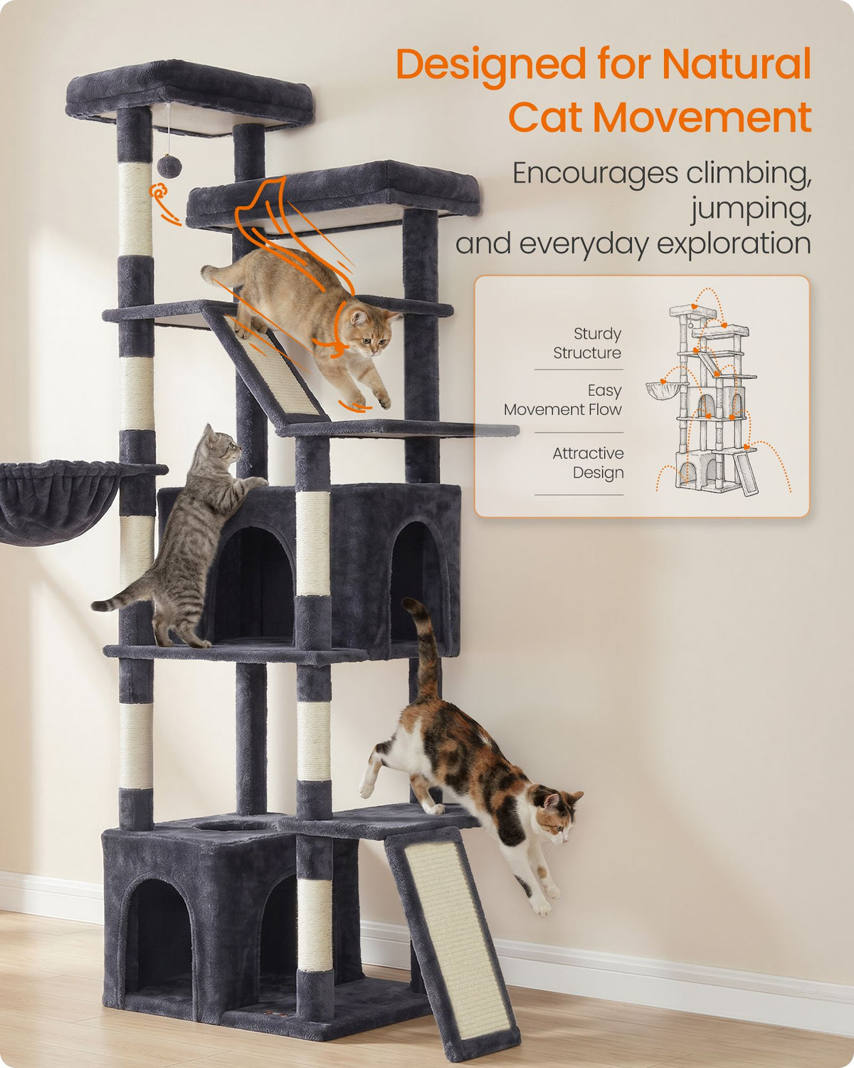 Cat Tree Tower - 72.6-Inch Tall - For Extra-Large Cats