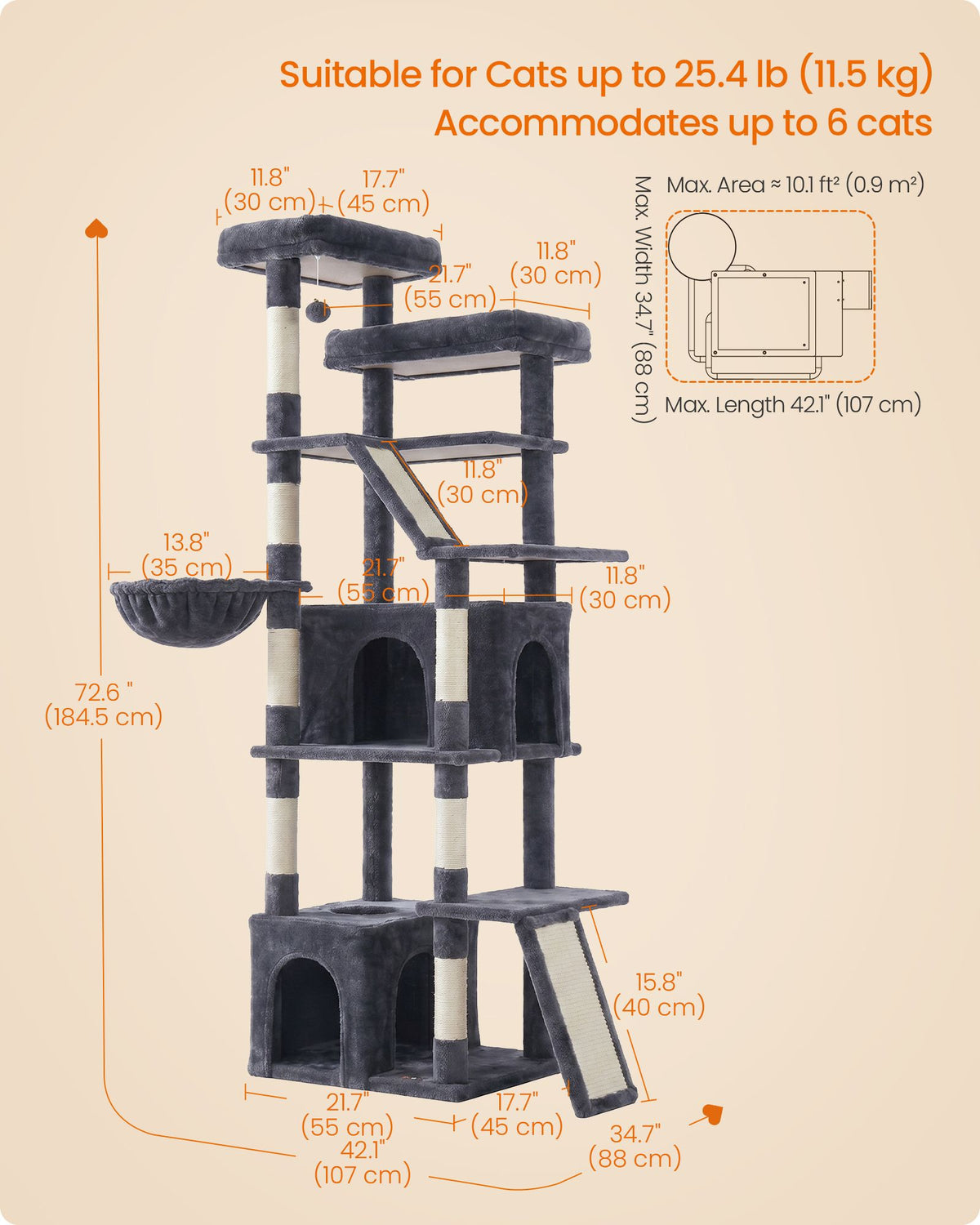 Cat Tree Tower - 72.6-Inch Tall - For Extra-Large Cats