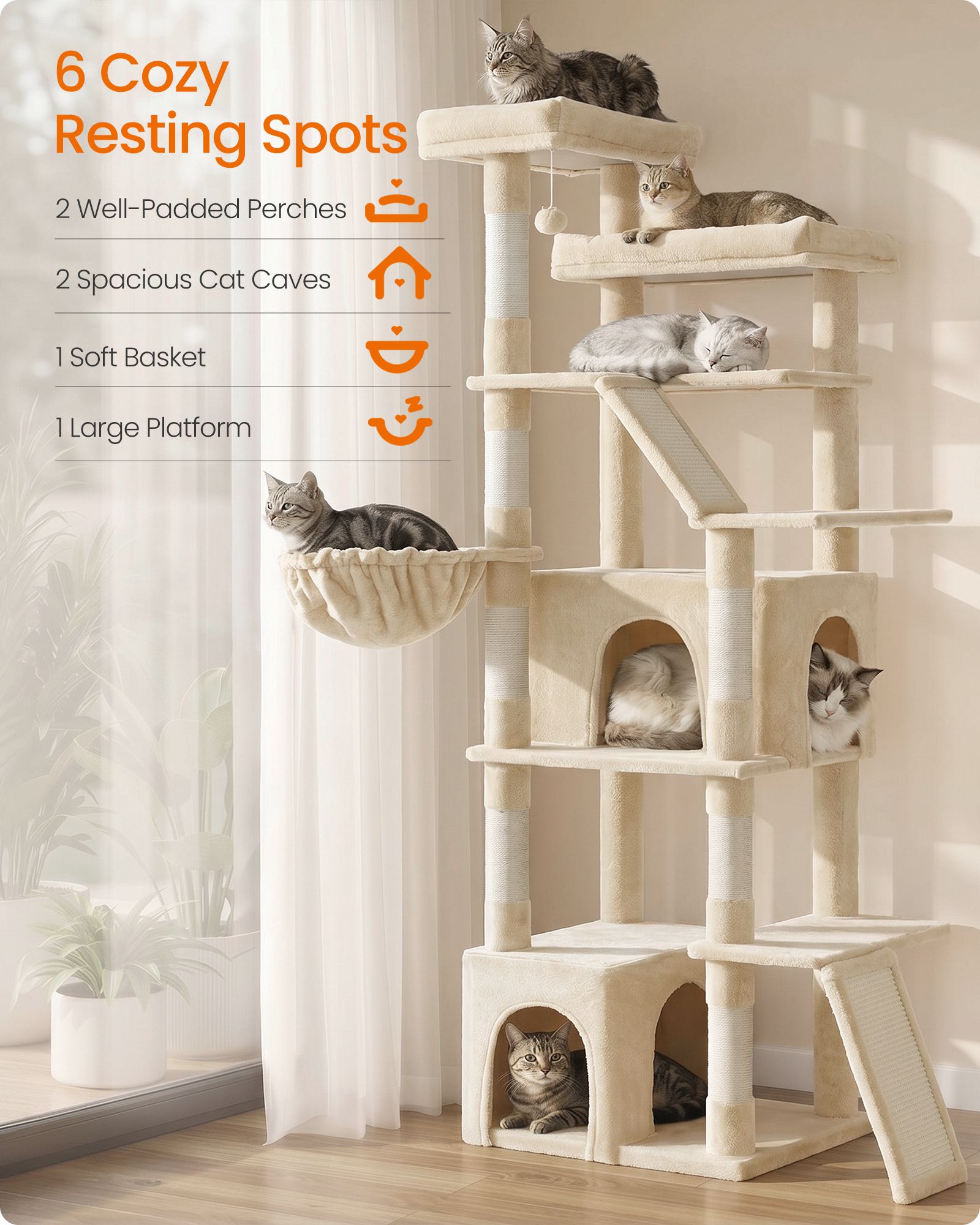 72.6-Inch Tall Cat Tree Tower for Indoor Extra Large Cats - Summer Sand