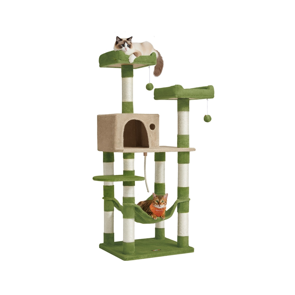 Cat Tree - 56 Inch - Hammock And Two Perches - Multi-Level Cat Tower - Green + Brown