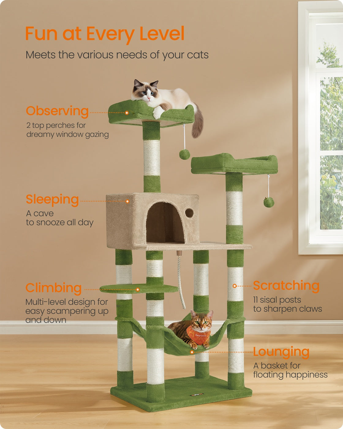 Cat Tree - 56 Inch - Hammock And Two Perches - Multi-Level Cat Tower