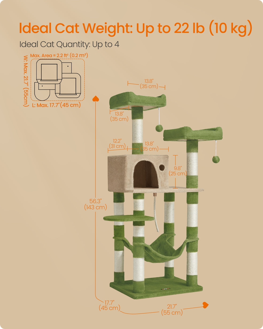 Cat Tree - 56 Inch - Hammock And Two Perches - Multi-Level Cat Tower