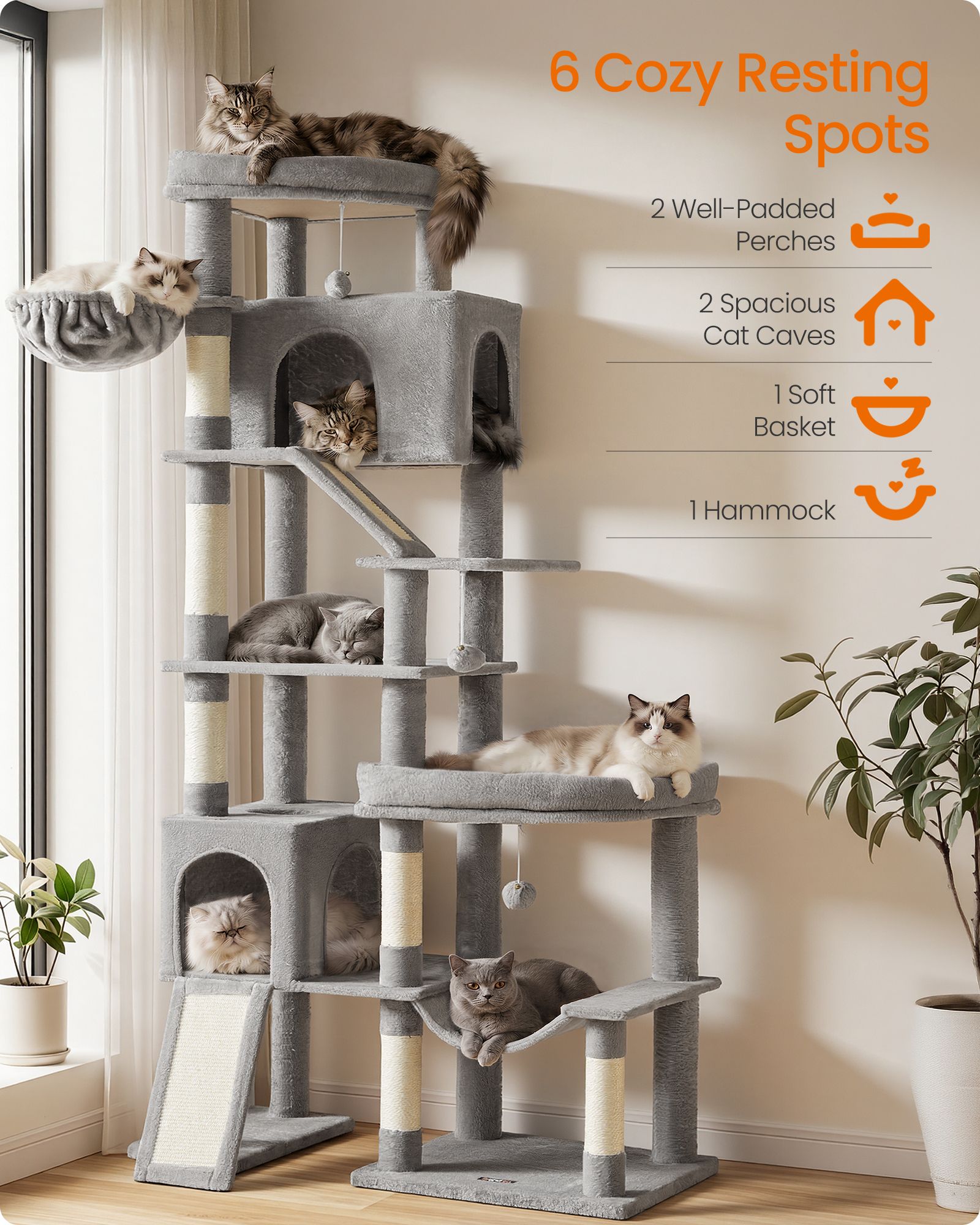 Multi-Level Cat Tree for Large Cats - Light Gray