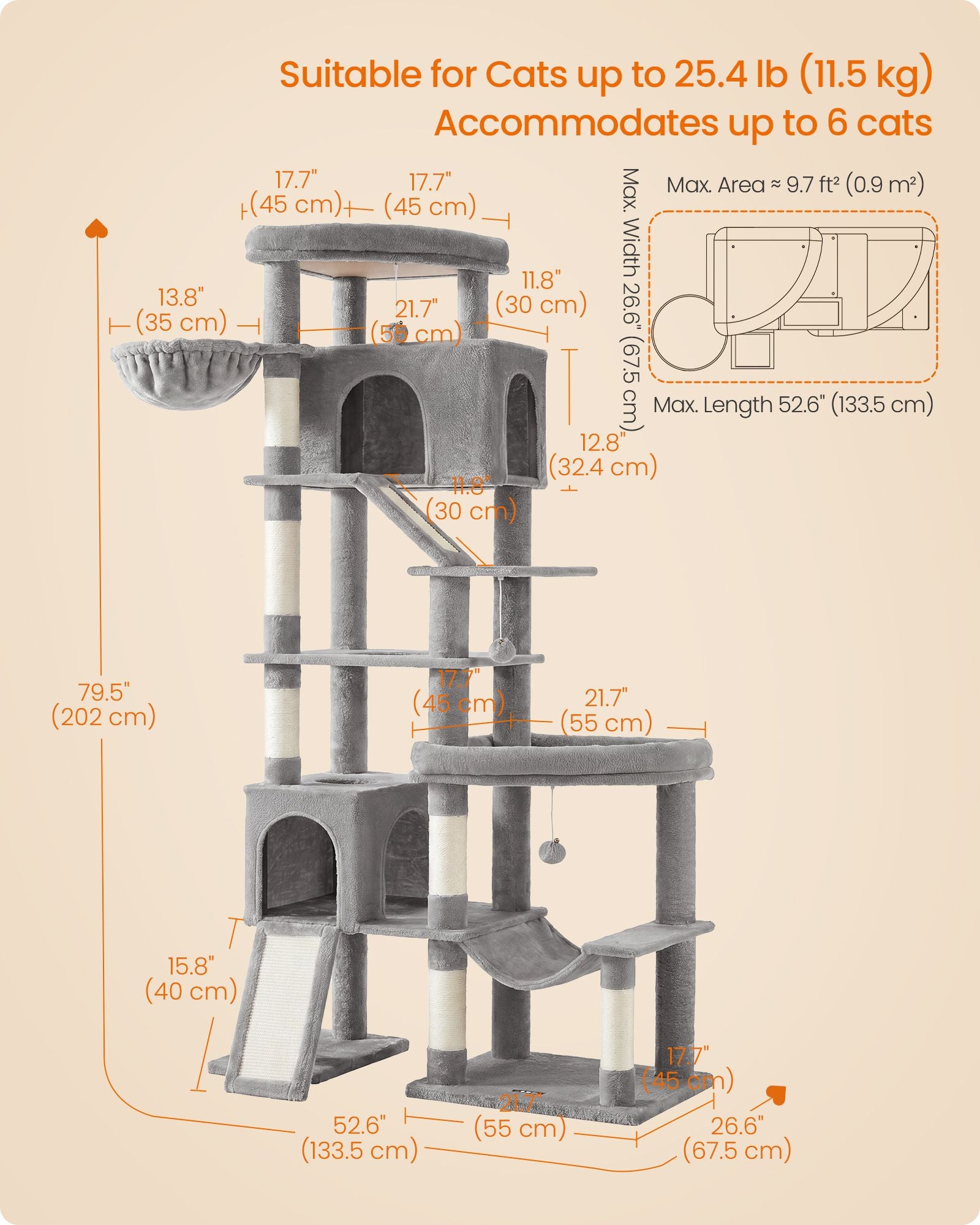 Multi-Level Cat Tree for Large Cats - Light Gray