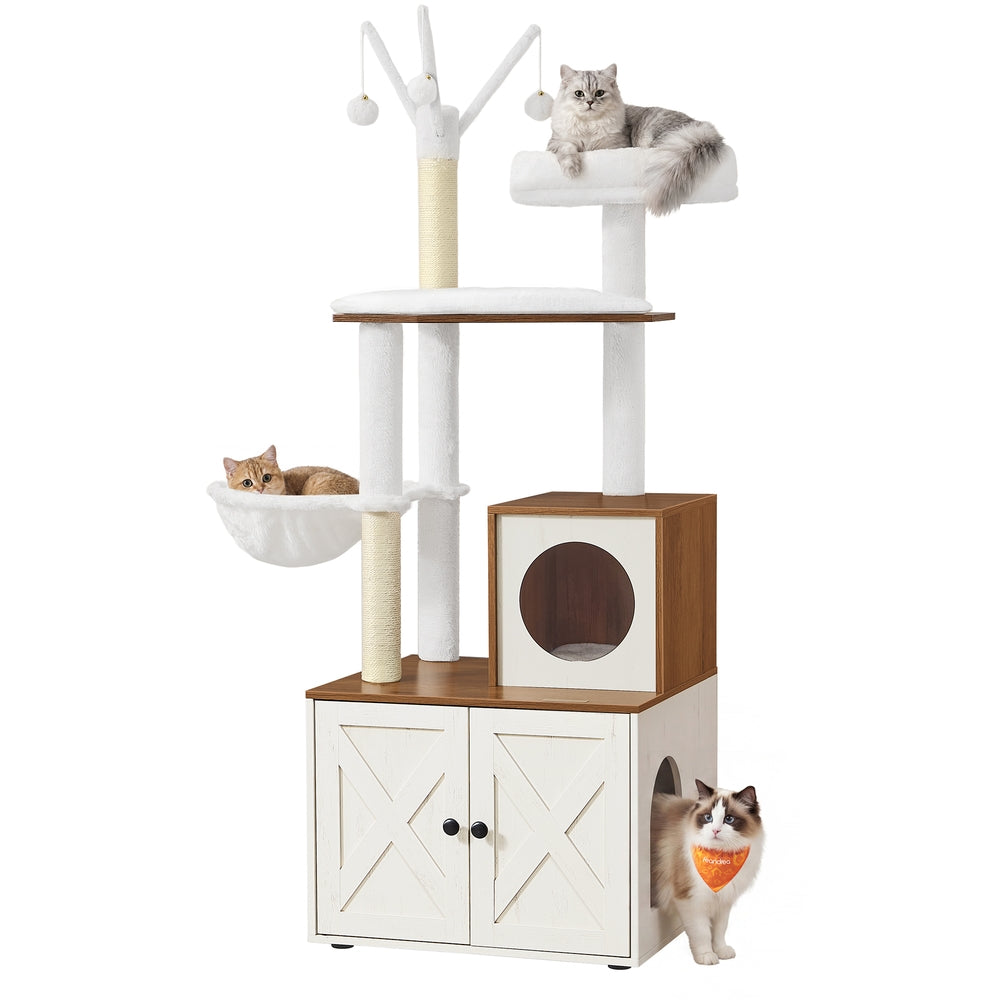 Cat Tree with Litter Box Enclosure - Rustic White, Honey Brown