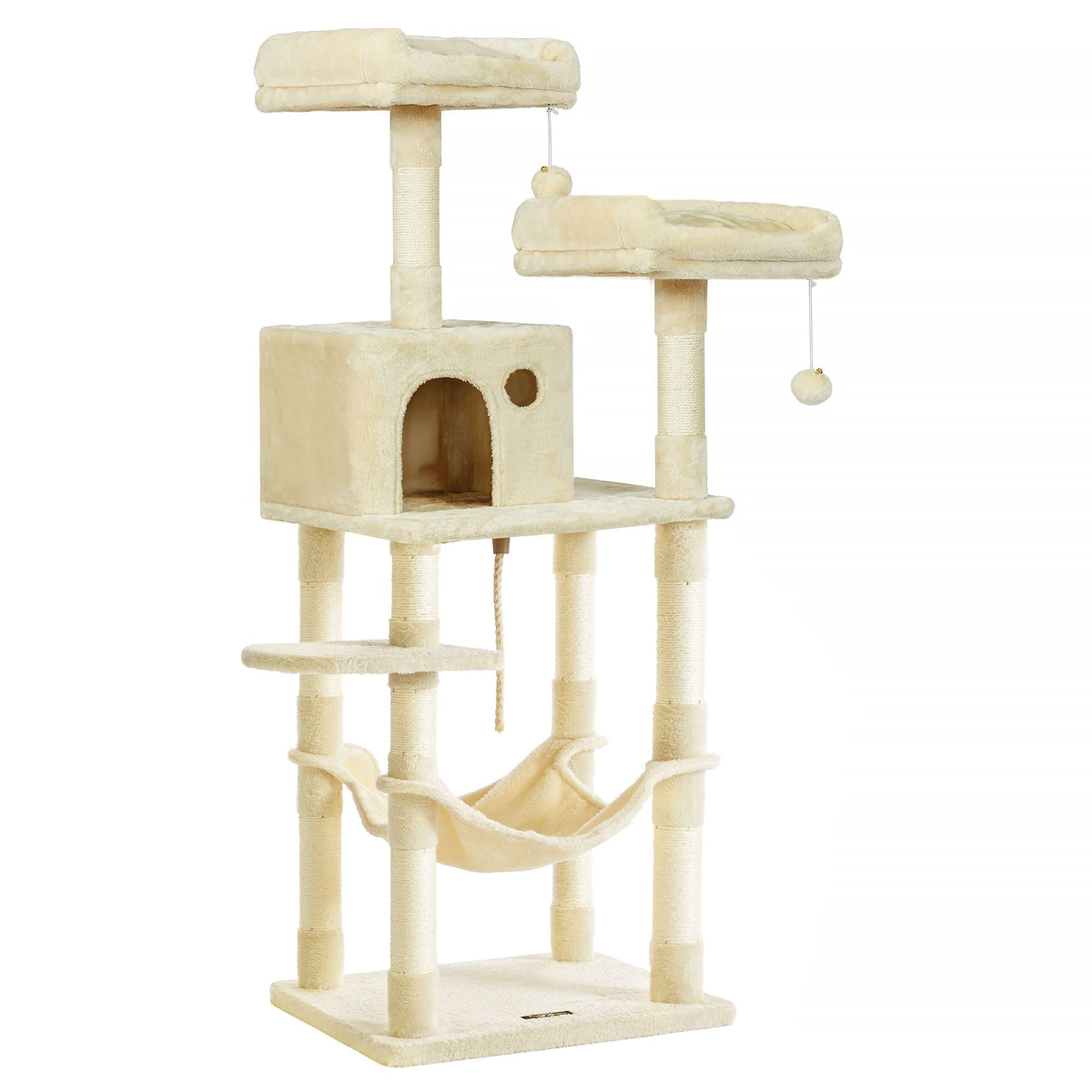 Cat Tree - 56 Inch - Hammock And Two Perches - Multi-Level Cat Tower - Beige