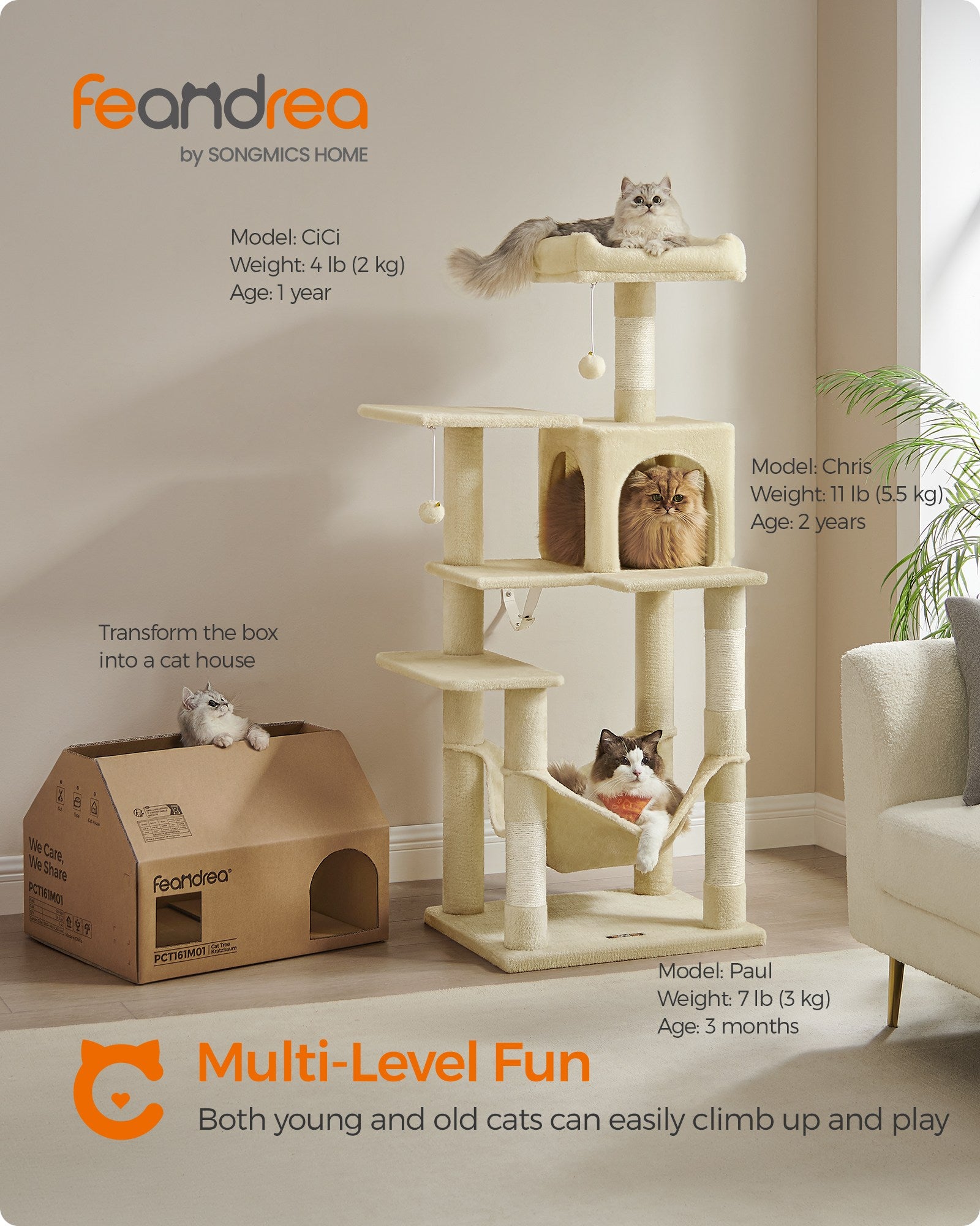 Cat Tree - 56.3-Inch Cat Tower for Indoor Cats - Multi-Level Cat Condo with 4 Scratching Posts Beige - Beige